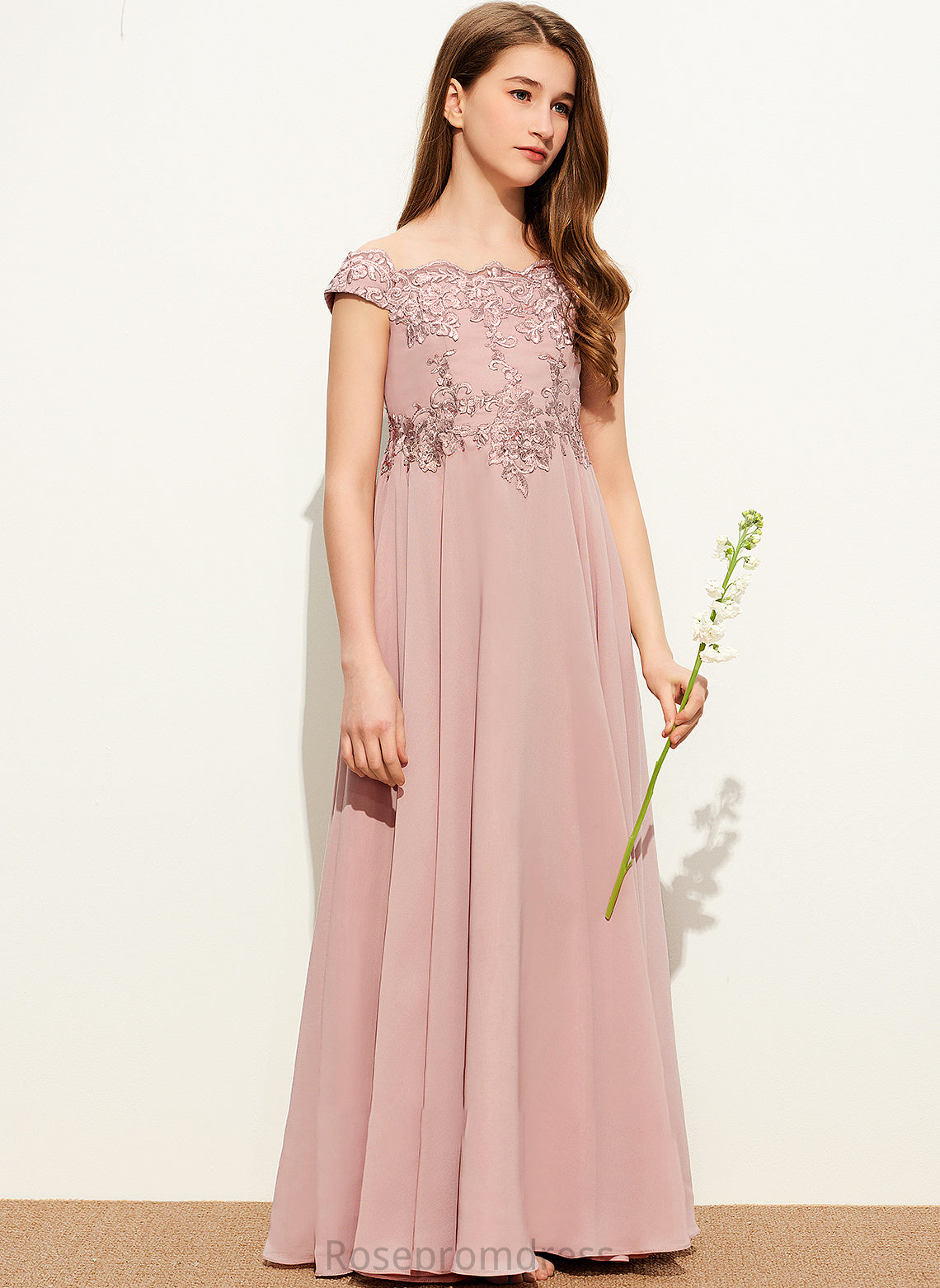 Cristal A-Line Floor-Length Chiffon Lace Off-the-Shoulder Junior Bridesmaid Dresses