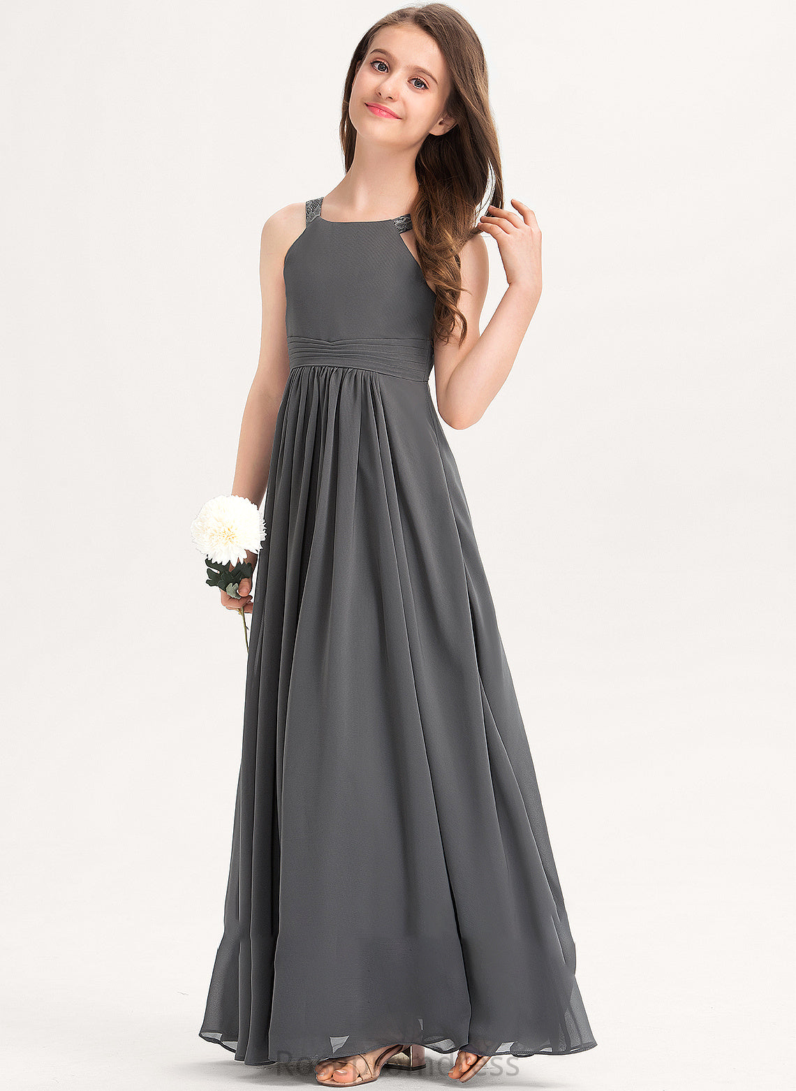 Scoop With Floor-Length Janet Neck Chiffon Lace Ruffle Junior Bridesmaid Dresses A-Line