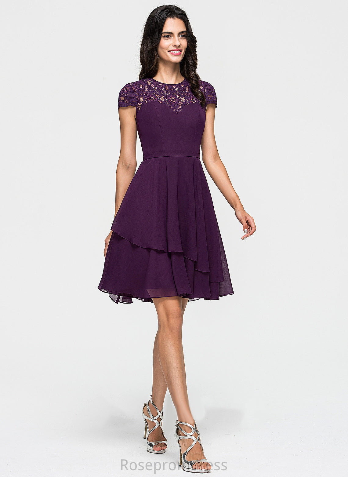 Scoop Lisa With Homecoming Dresses Ruffles Neck Homecoming Lace A-Line Cascading Chiffon Knee-Length Dress