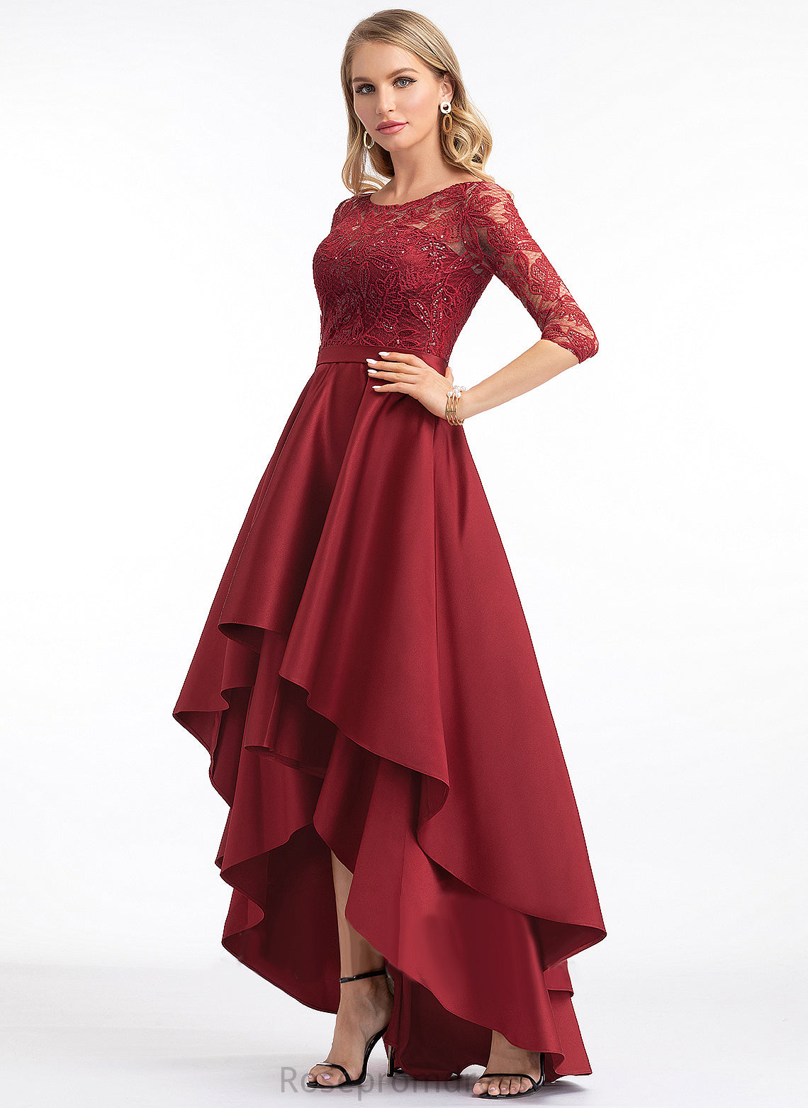 Satin Sequins Club Dresses Satin A-line Lace 1/2 Neck Round Dresses Sleeves Lauren Asymmetrical