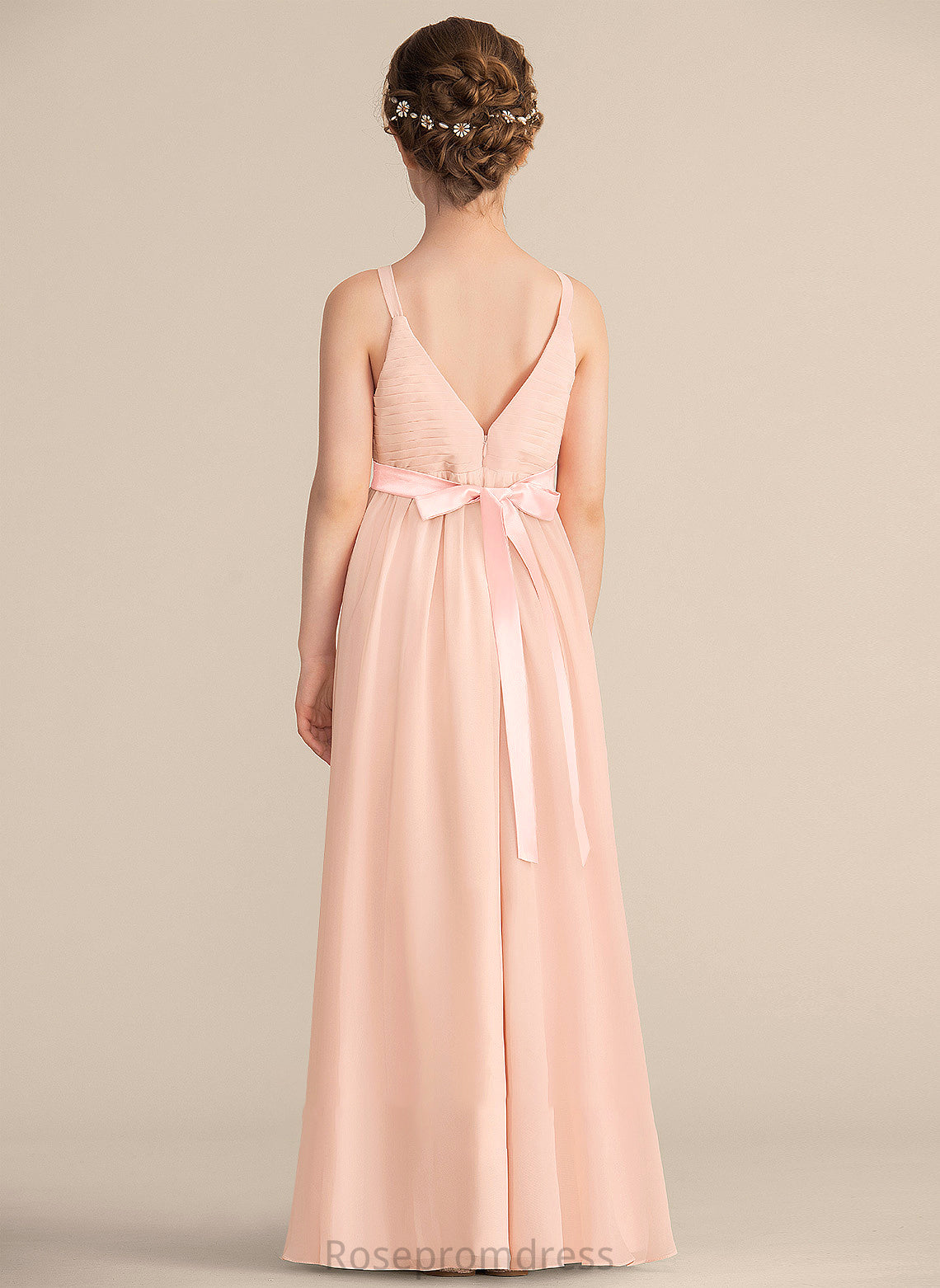 Ruby Floor-Length Junior Bridesmaid Dresses V-neck Chiffon Ruffle With Bow(s) A-Line