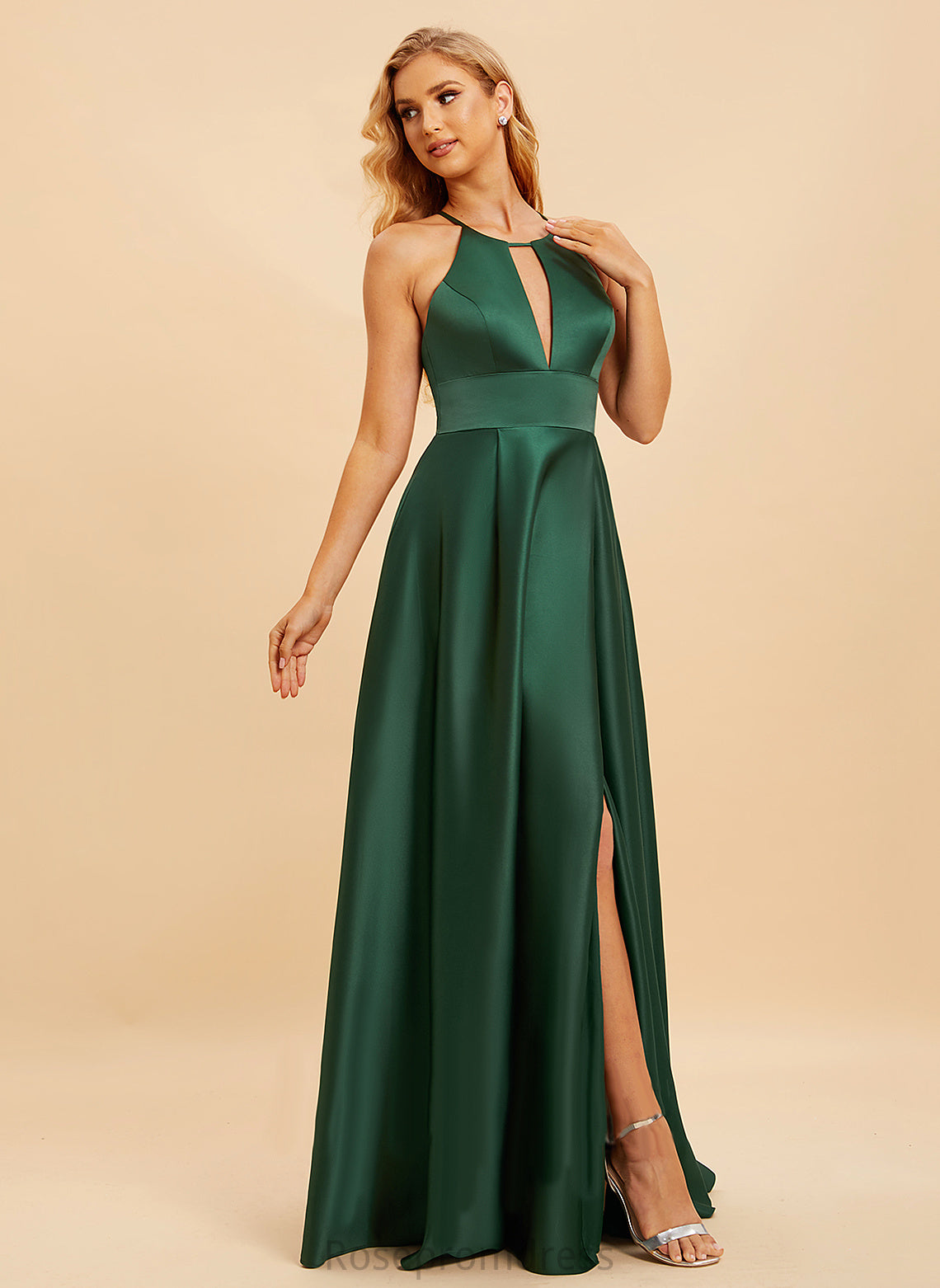 Floor-Length Silhouette HighNeck SplitFront A-Line Length Fabric Embellishment Neckline Adalyn Sleeveless Natural Waist Bridesmaid Dresses