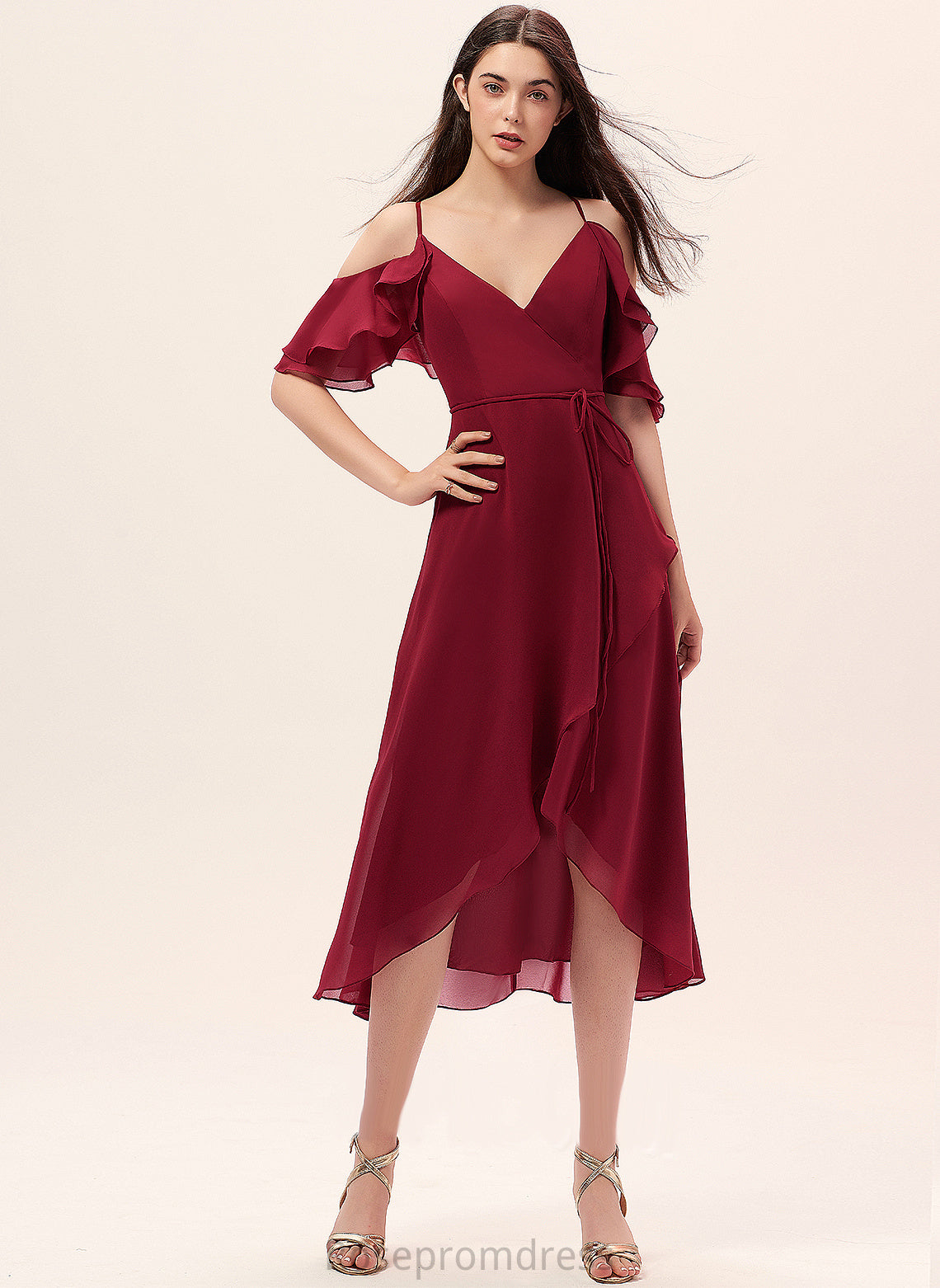 Ruffles Asymmetrical A-Line Cocktail Chiffon Dress Cocktail Dresses V-neck With Catalina Cascading