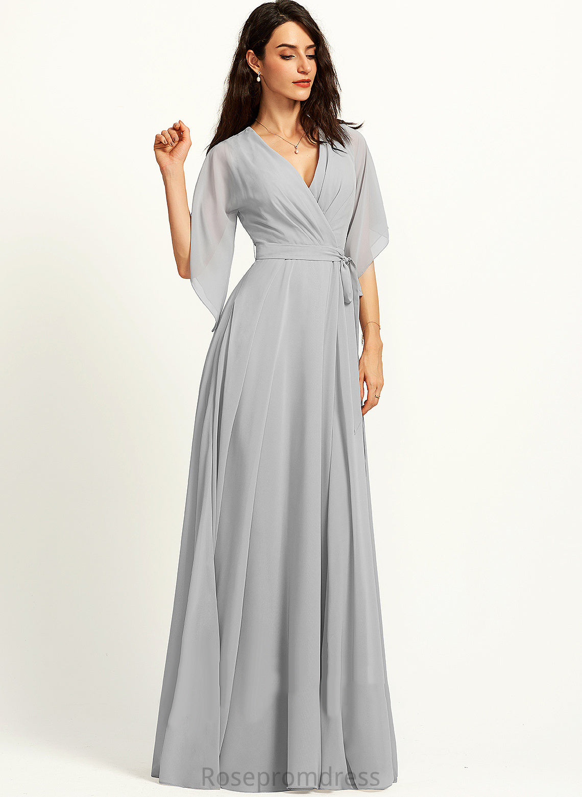 Neckline Ruffle Floor-Length Silhouette V-neck Fabric SplitFront A-Line Length Embellishment Gianna Floor Length Bridesmaid Dresses