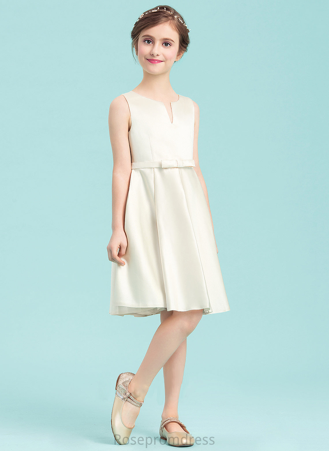 Scoop Satin A-Line With Knee-Length Neck Bow(s) Penelope Junior Bridesmaid Dresses