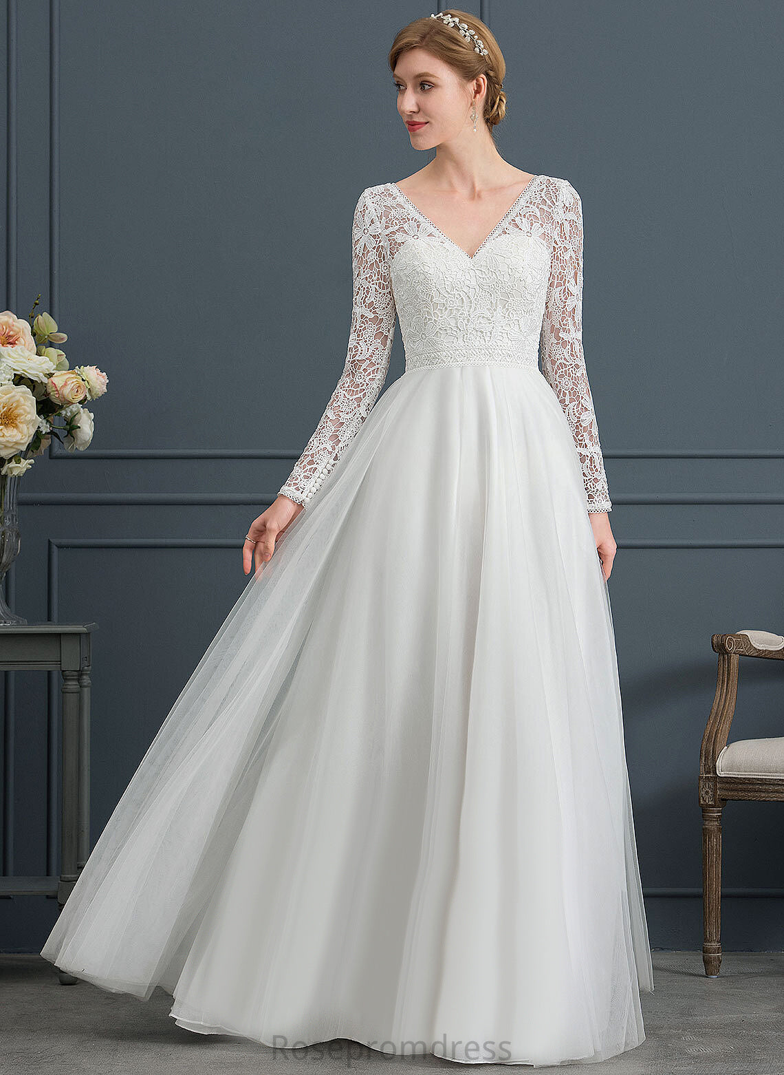 A-Line Wedding Dresses Wedding Lace Floor-Length V-neck Paulina Tulle Dress