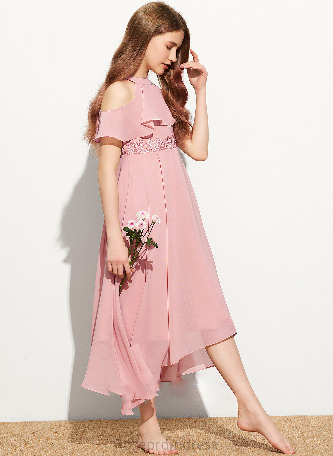 Cloe Chiffon Lace A-Line Neck Tea-Length Scoop Junior Bridesmaid Dresses