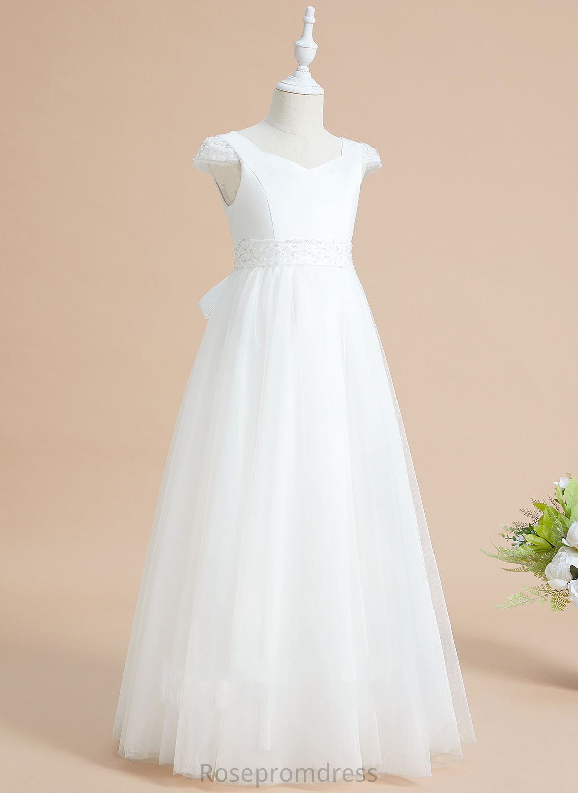 Ball-Gown/Princess Sleeves Beading/Bow(s) Girl Satin/Tulle Dress V-neck Flower Girl Dresses Short Floor-length Mandy - Flower With