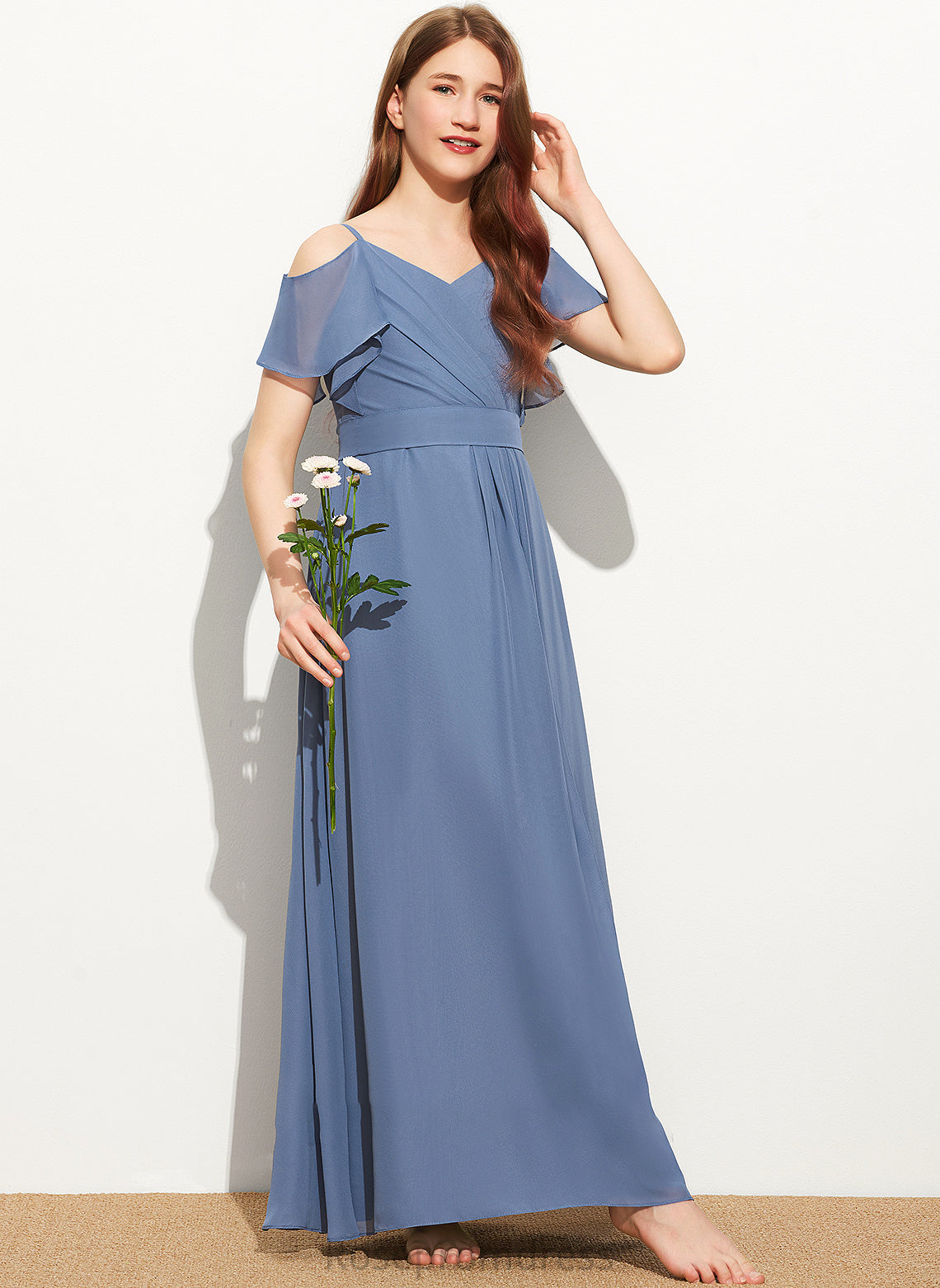 Junior Bridesmaid Dresses A-Line With Aryana Bow(s) Ruffle Floor-Length Off-the-Shoulder Chiffon