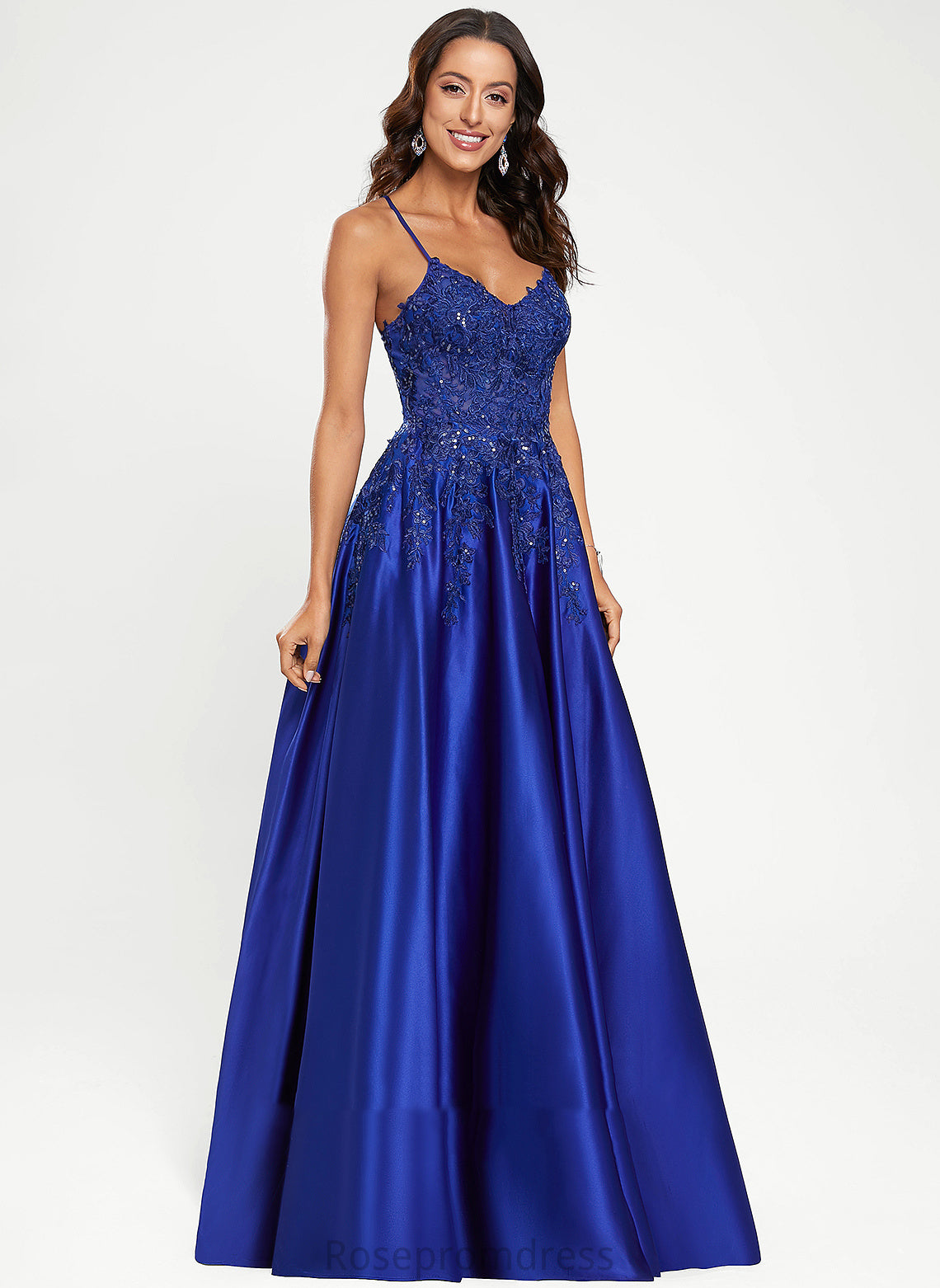 Floor-Length V-neck Prom Dresses Estrella Satin With Sequins A-Line