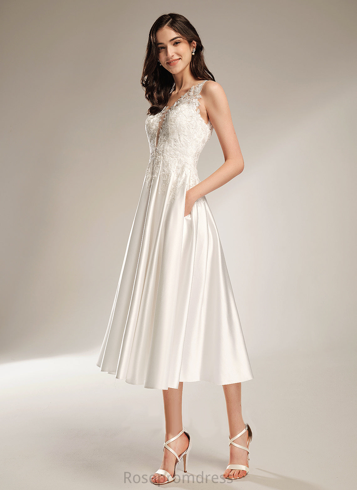 Wedding Dresses Dress Tea-Length Pockets With Lace Celia V-neck A-Line Satin Wedding