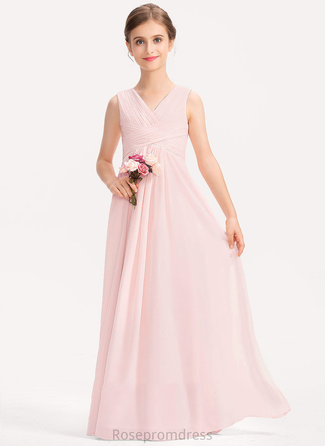 V-neck With Parker A-Line Floor-Length Chiffon Ruffle Junior Bridesmaid Dresses