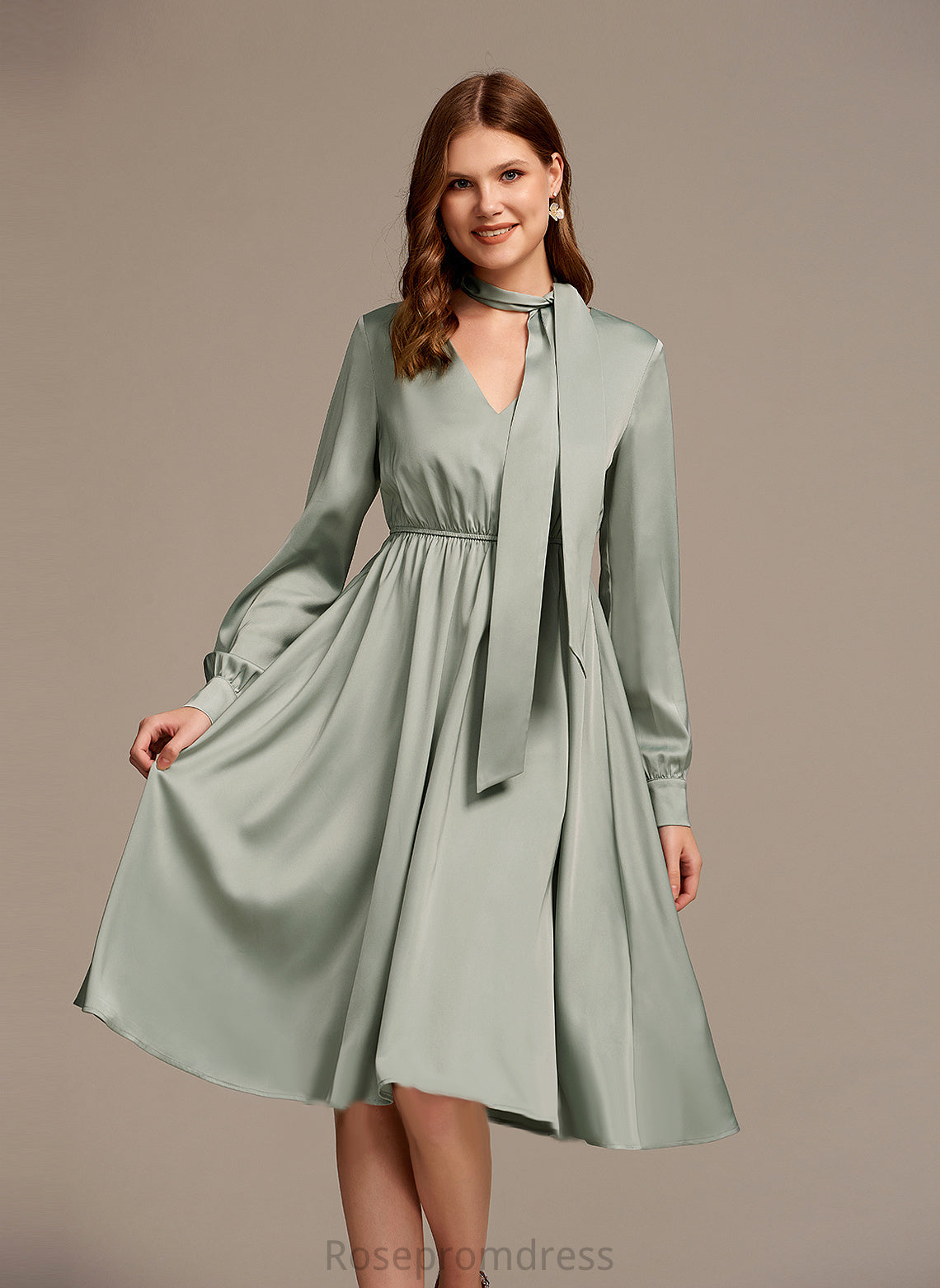 Sleeves Elegant V-Neck Dresses Long Club Dresses A-line Sahna Satin Bow(s) Midi