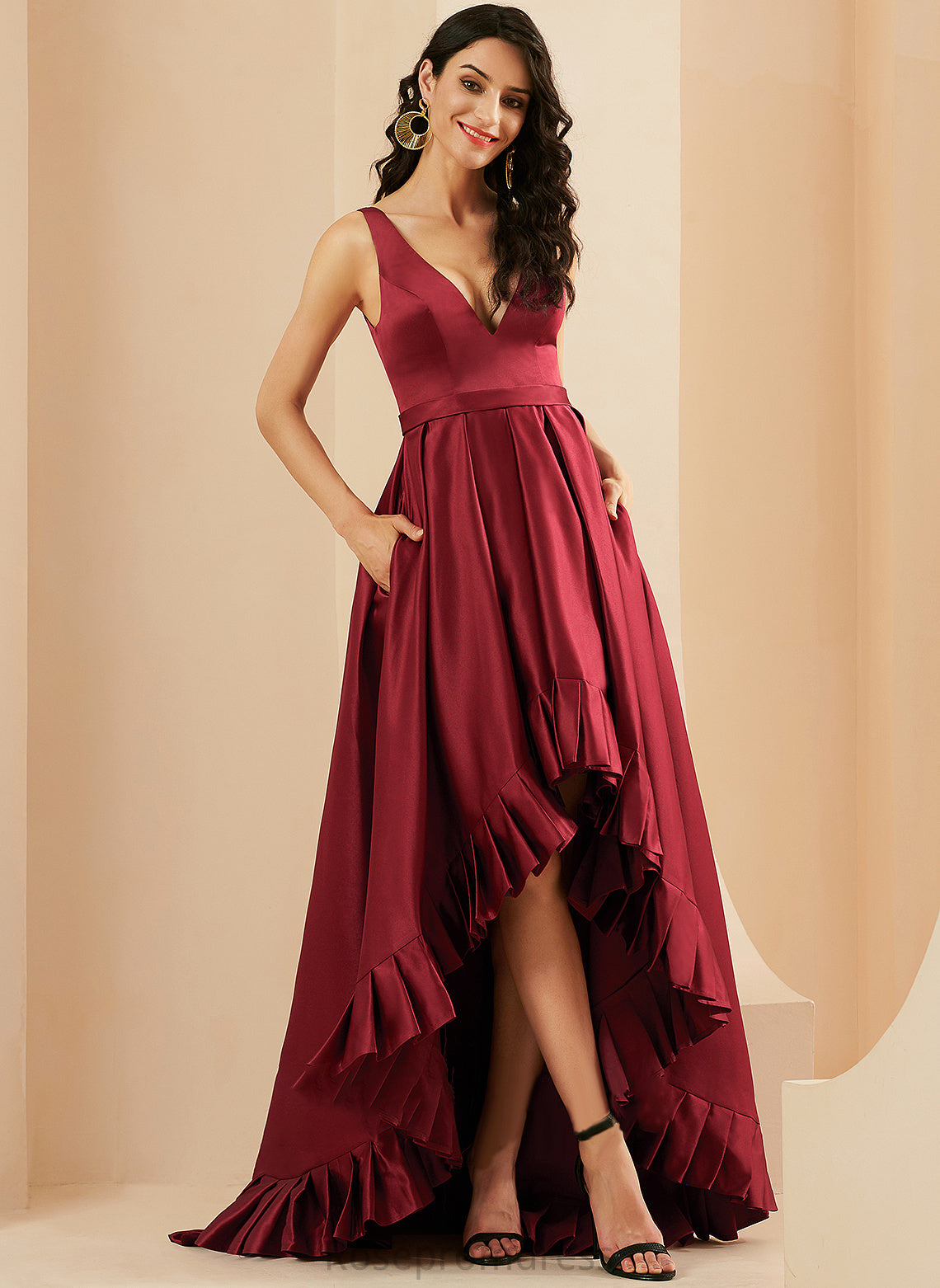 Amya Prom Dresses V-neck Ball-Gown/Princess Pockets With Satin Asymmetrical