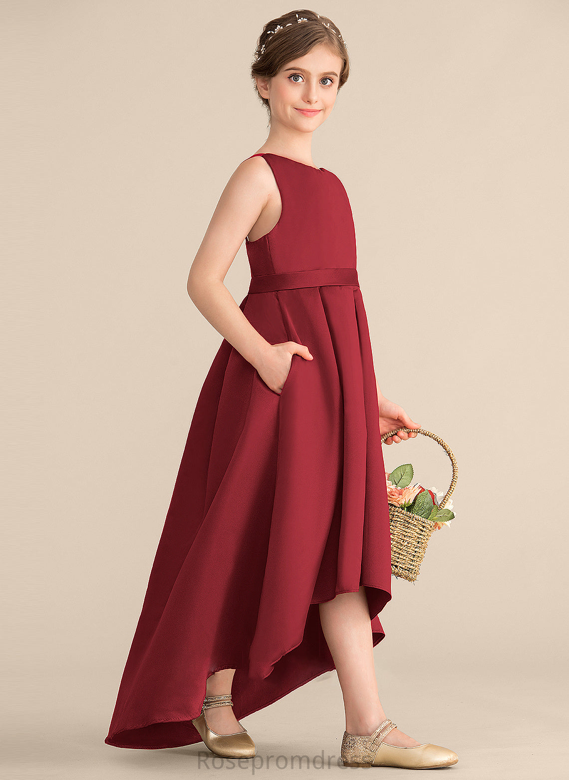 Asymmetrical Satin Pockets Scoop Ruffle Rayna Neck Junior Bridesmaid Dresses A-Line With