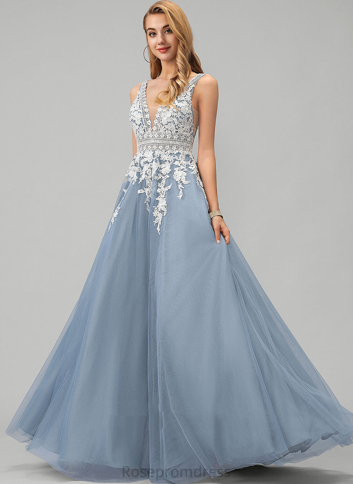 V-neck Floor-Length Kathleen Tulle Prom Dresses Ball-Gown/Princess