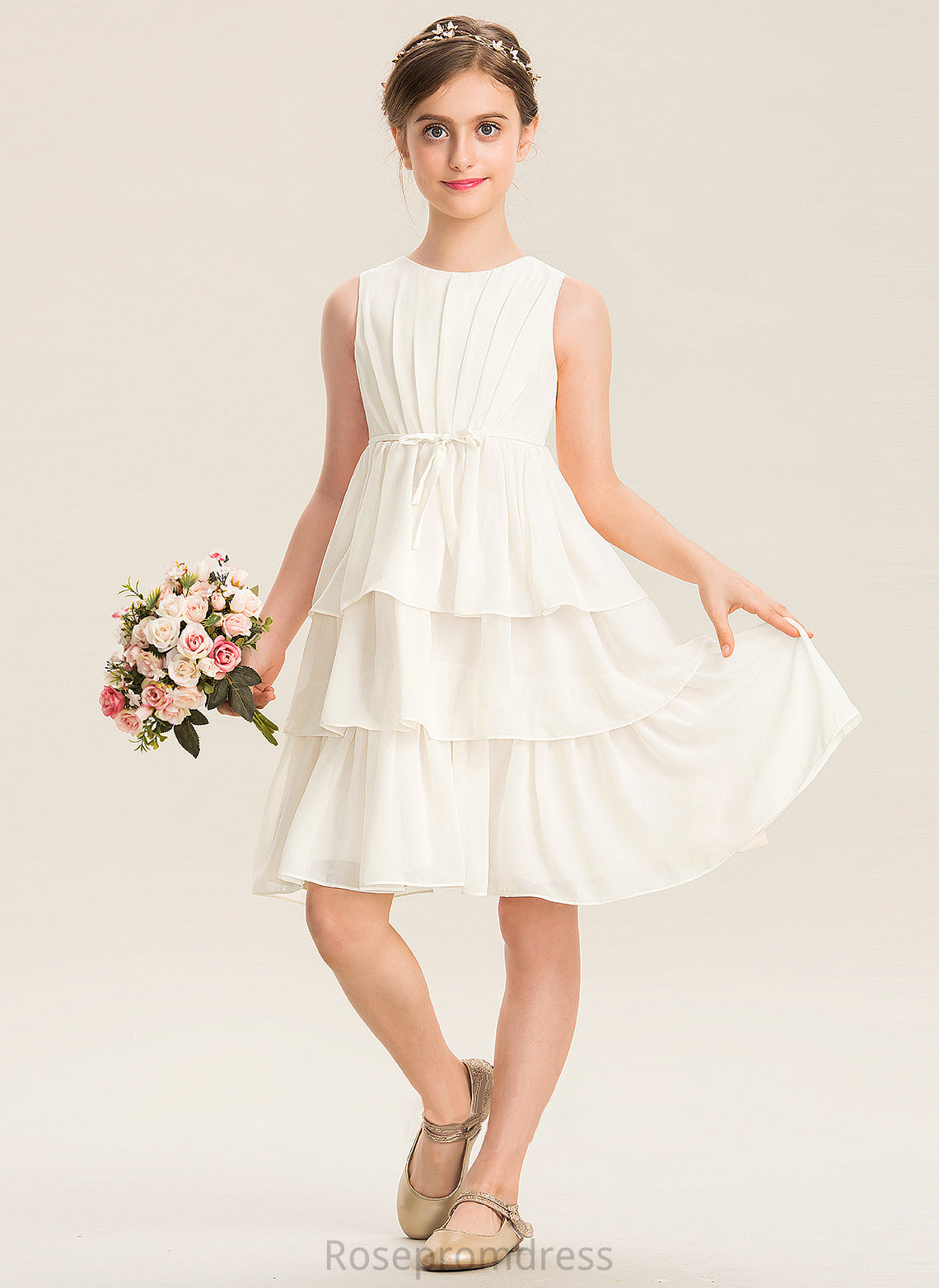 Ruffles Chiffon Cheyenne Bow(s) Cascading Neck A-Line With Knee-Length Scoop Junior Bridesmaid Dresses