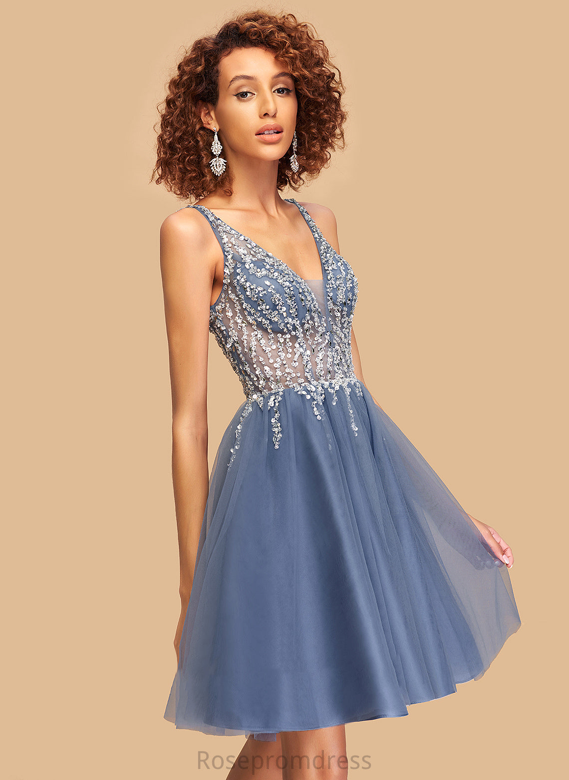 Sequins V-neck Dress Short/Mini Homecoming With A-Line Homecoming Dresses Tulle Keyla Beading