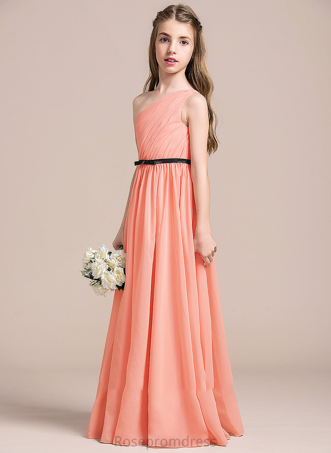 A-Line Junior Bridesmaid Dresses Ruffle Asia One-Shoulder Chiffon Floor-Length With Bow(s)