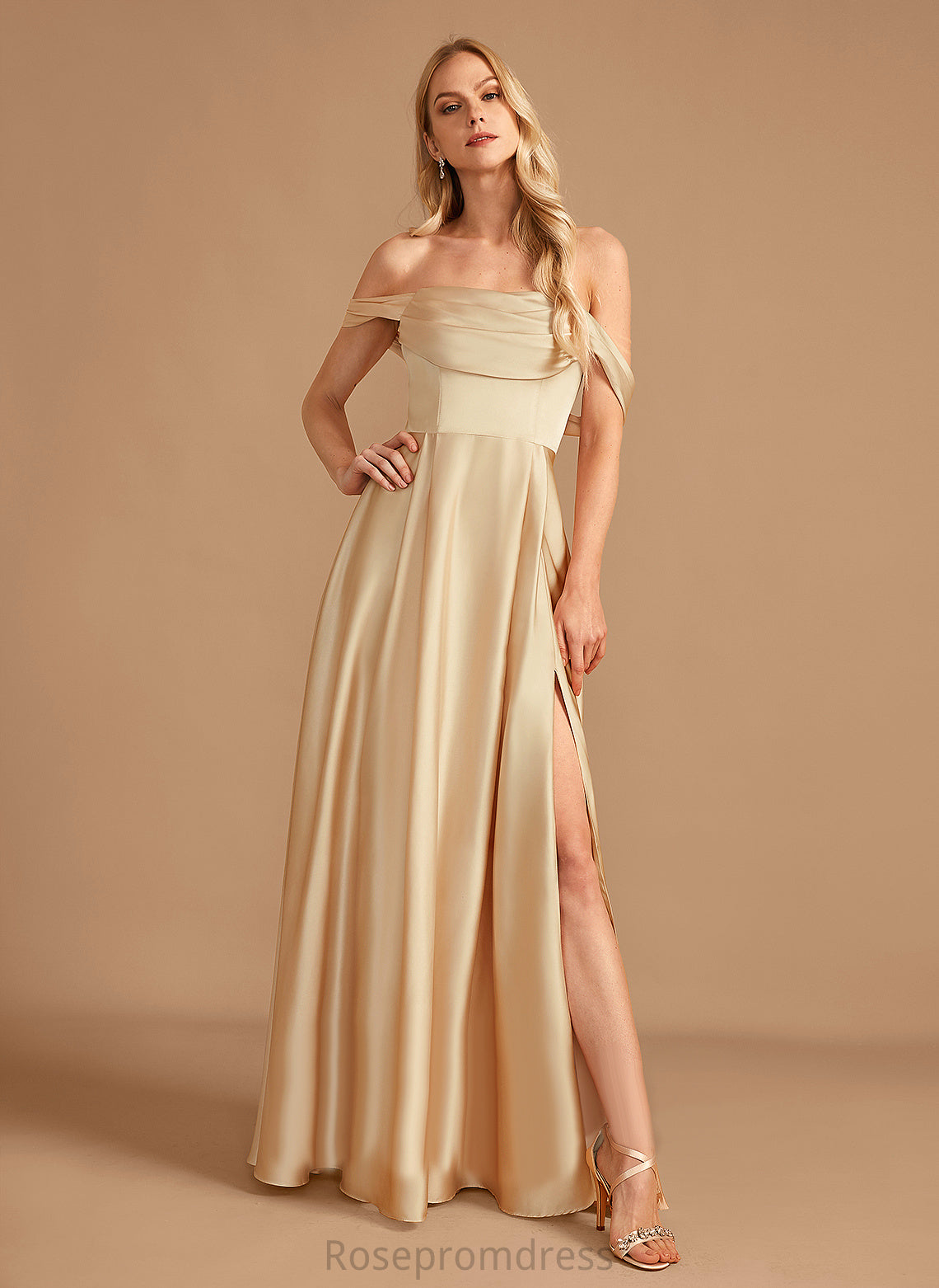 Pockets Silhouette Fabric A-Line Length Embellishment Floor-Length SplitFront Off-the-Shoulder Neckline Danika Bridesmaid Dresses