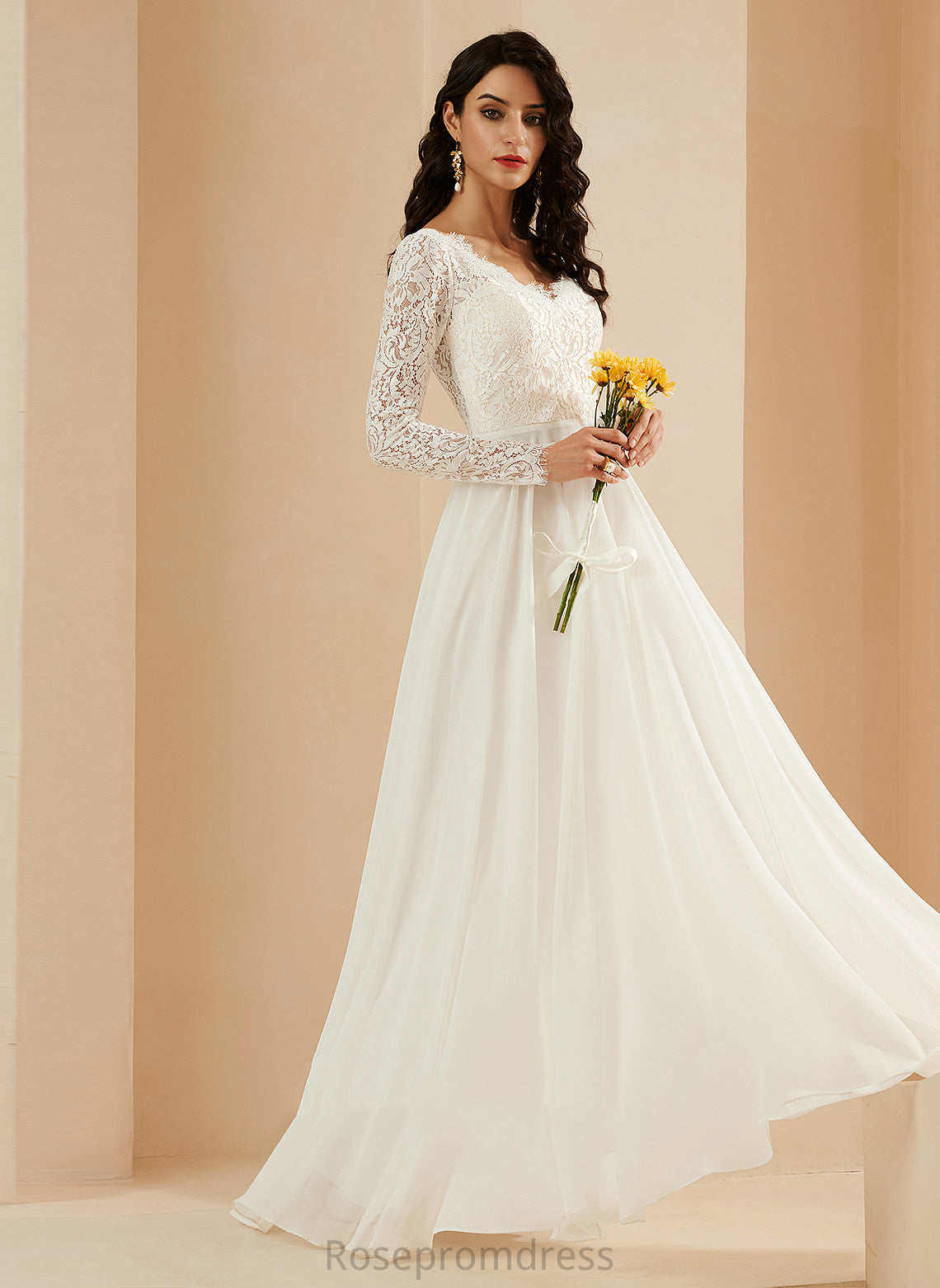 Chasity Train Wedding Dresses Wedding Lace A-Line With V-neck Sweep Chiffon Dress