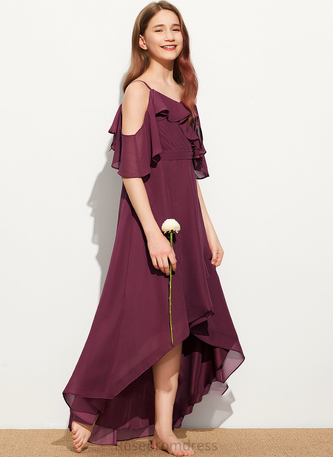 Off-the-Shoulder With Zoie Ruffles Chiffon Cascading Asymmetrical A-Line Junior Bridesmaid Dresses