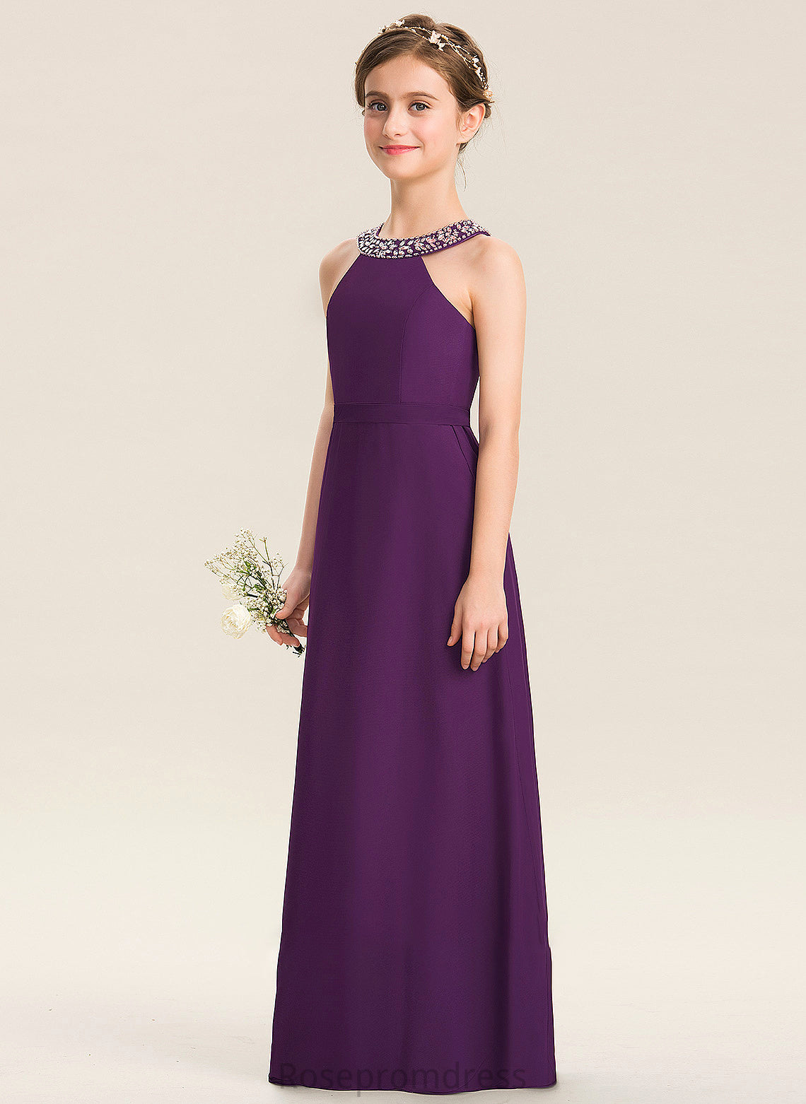 Beading Junior Bridesmaid Dresses A-Line With Scoop Macie Chiffon Bow(s) Floor-Length Neck