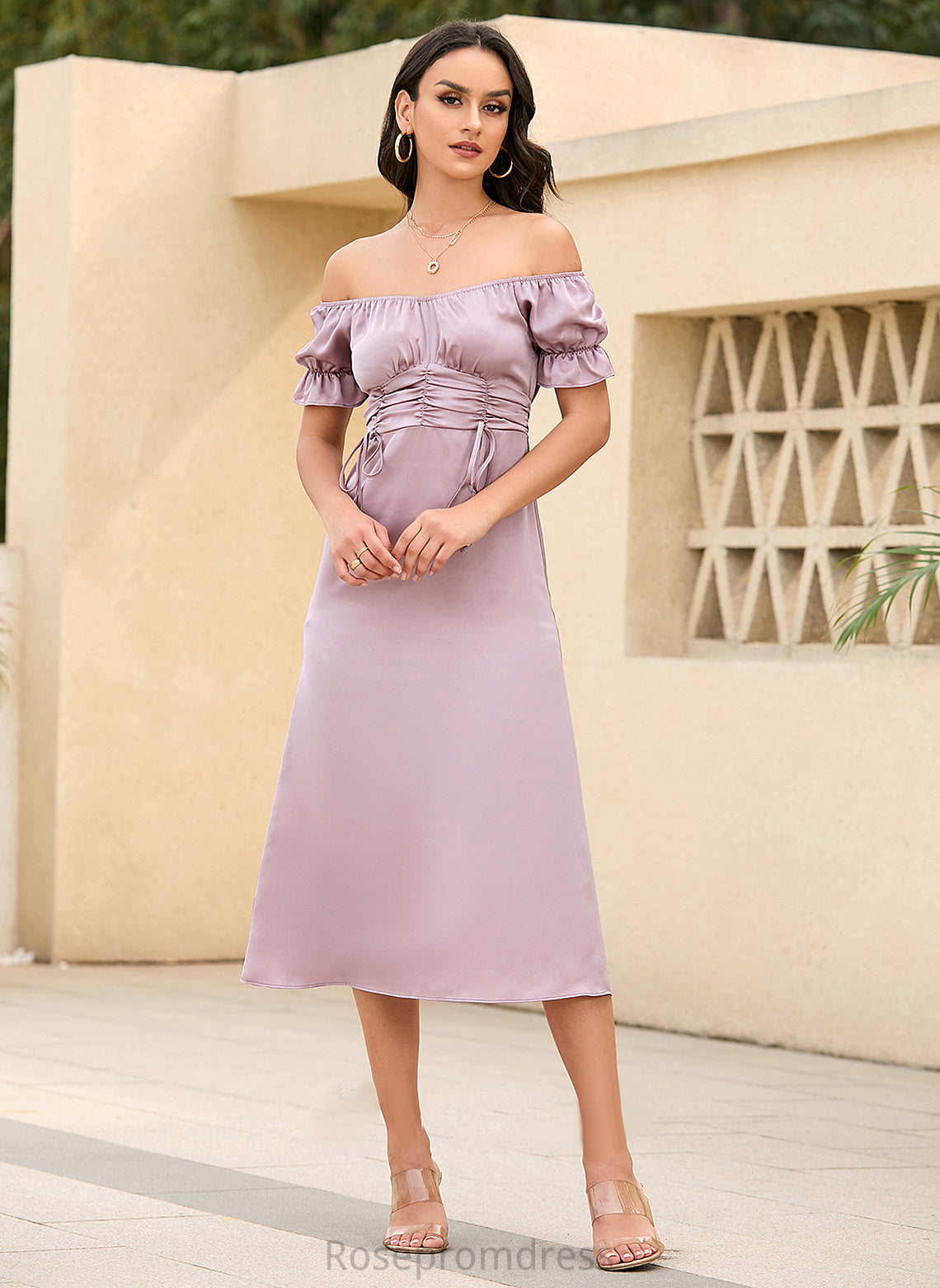 Sheath Short Sleeves Satin Dresses V-Neck Christina Midi Club Dresses Elegant