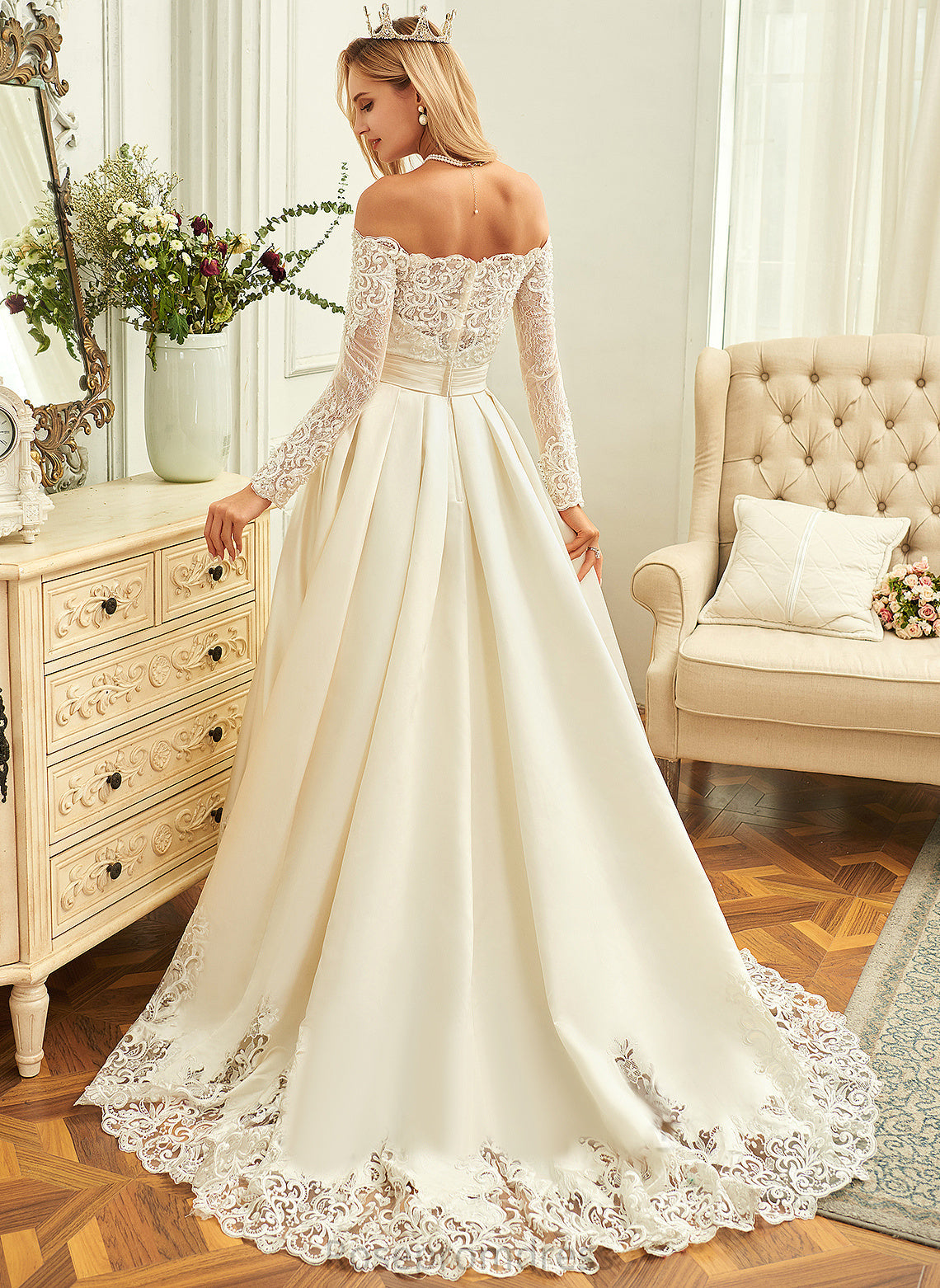 Alaina Sweep Off-the-Shoulder Wedding Sequins Wedding Dresses Lace Ball-Gown/Princess Train Dress With Beading Satin