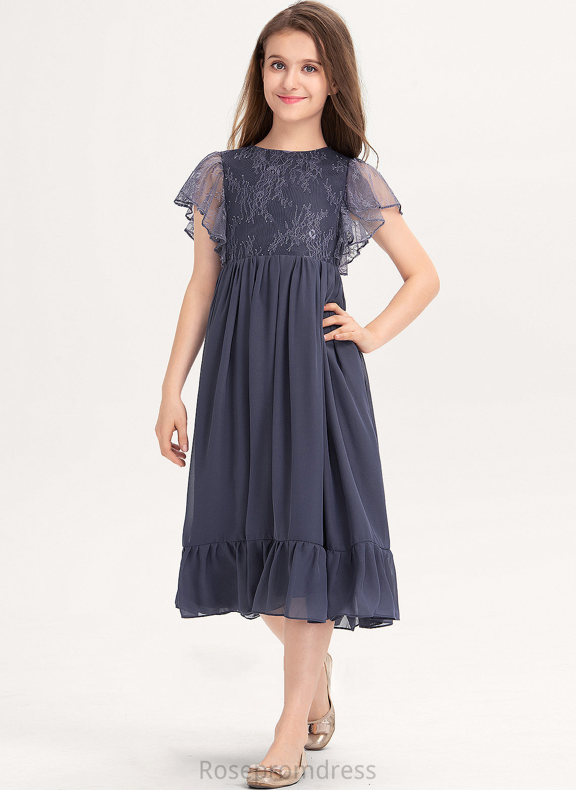 With Lace Knee-Length Novia Scoop Cascading A-Line Ruffles Chiffon Neck Junior Bridesmaid Dresses