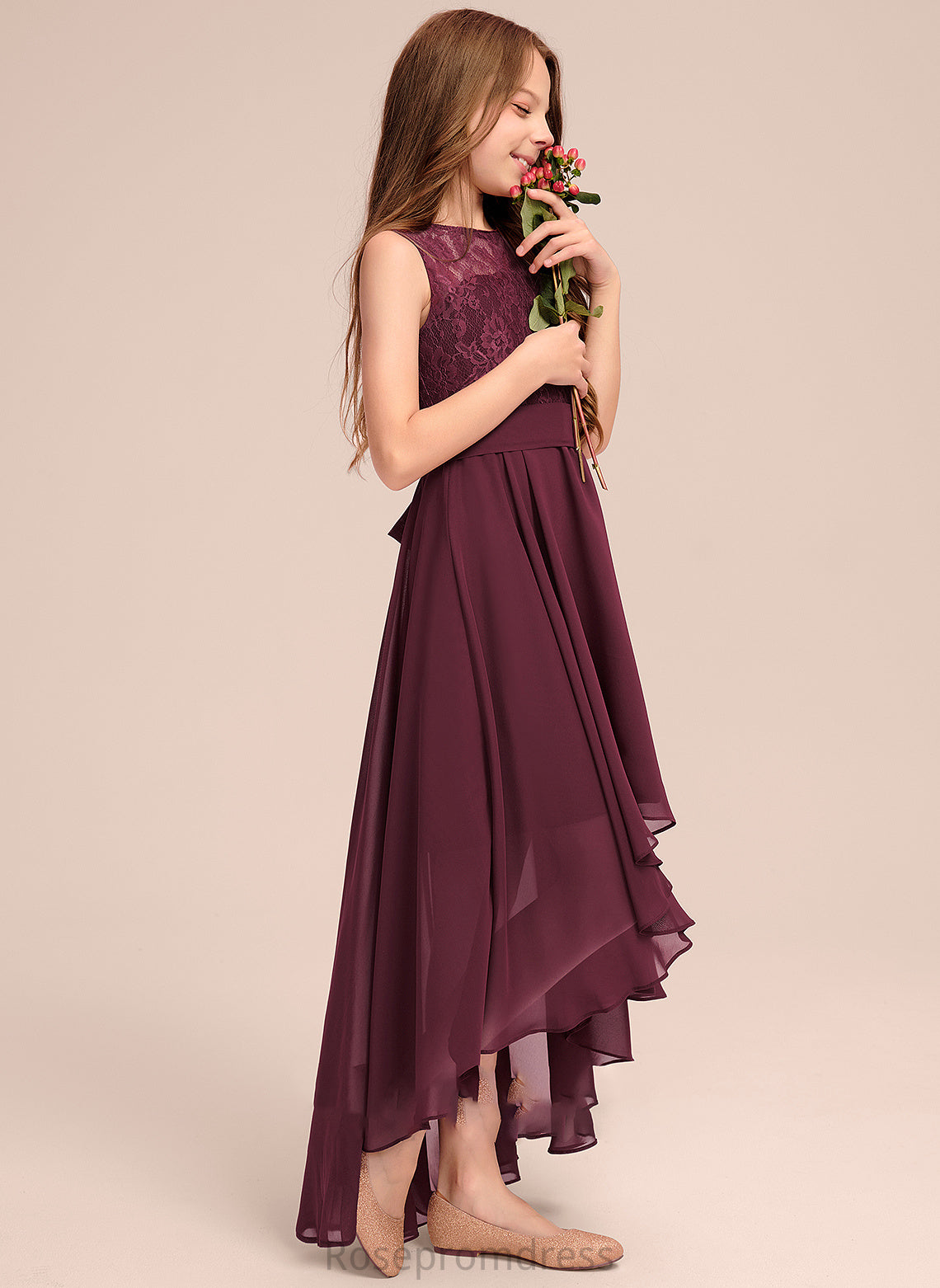 Janey A-Line Asymmetrical Neck Junior Bridesmaid Dresses Bow(s) Scoop Lace With Chiffon