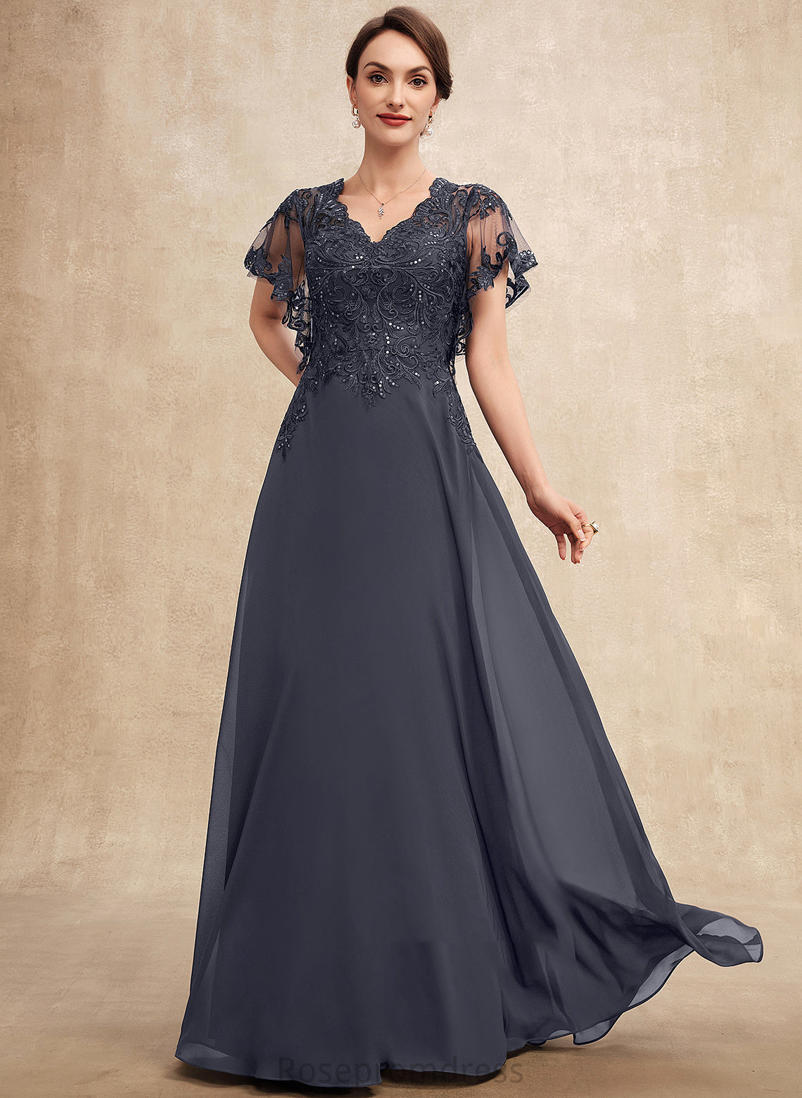 Dress Bride Sequins Lace of Chiffon the Floor-Length V-neck Mother of the Bride Dresses Mother A-Line With Madeline