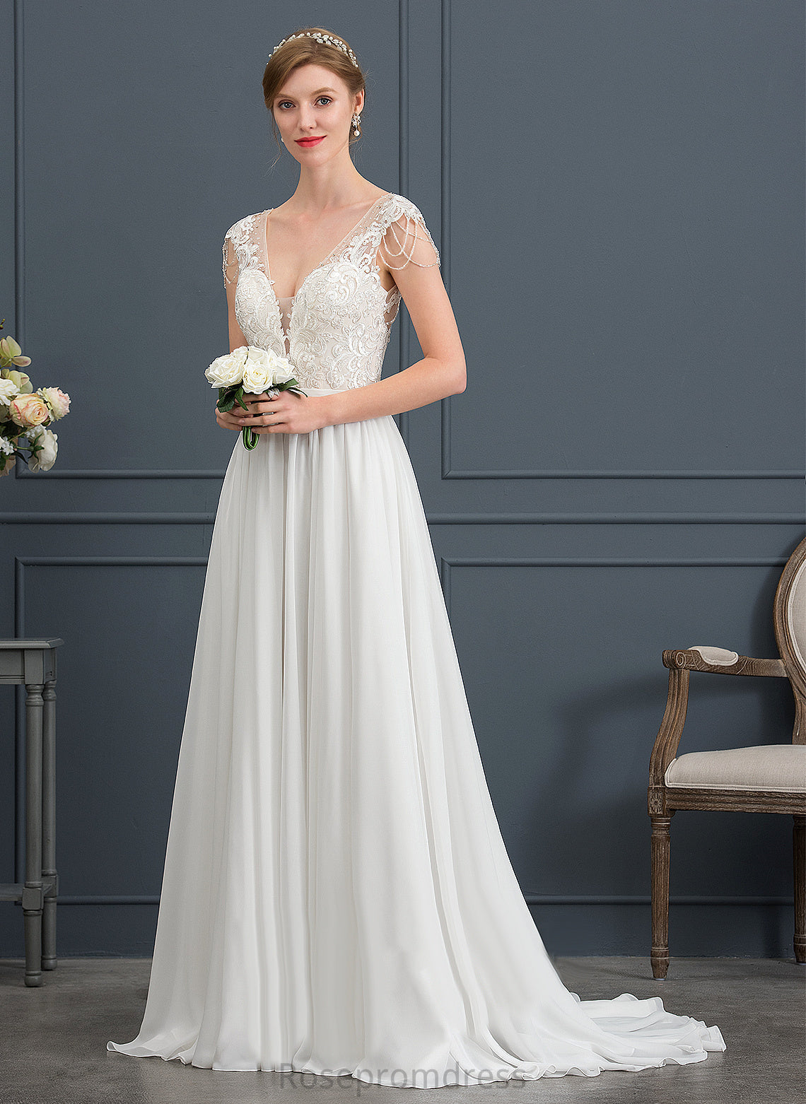 Dress Beading With Pauline Wedding Sequins Sweep Lace Chiffon V-neck Train A-Line Wedding Dresses