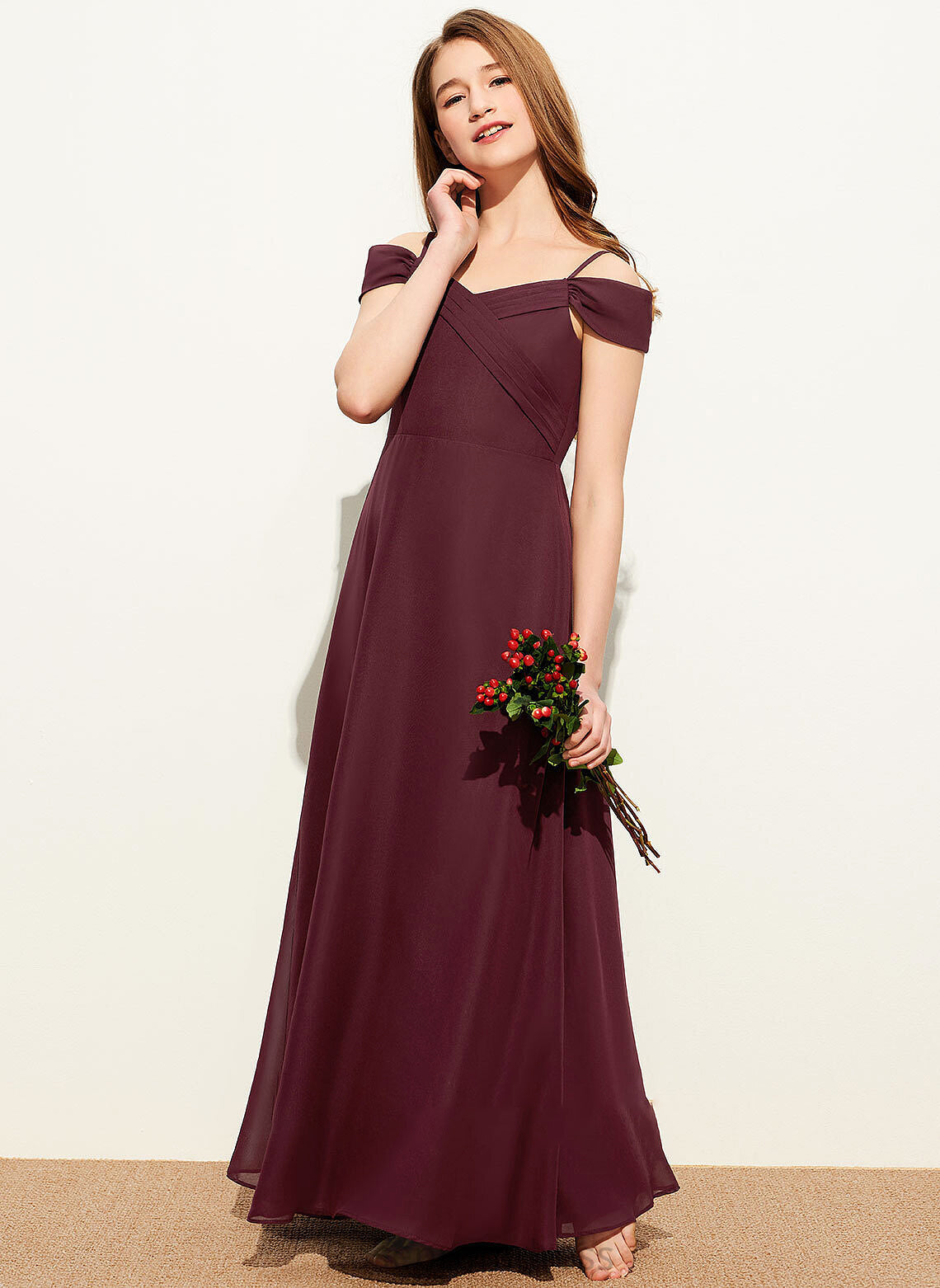 Floor-Length A-Line With Junior Bridesmaid Dresses Off-the-Shoulder Chiffon Ruffle Braelyn