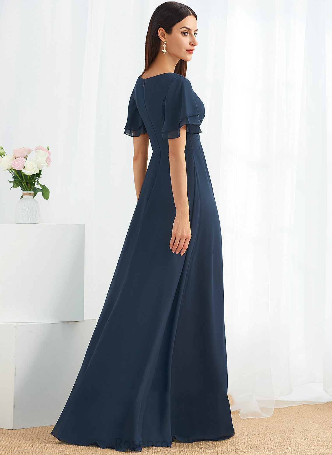 A-Line V-neck SplitFront Fabric Neckline Silhouette Embellishment Floor-Length Length Sara Floor Length Spaghetti Staps Bridesmaid Dresses