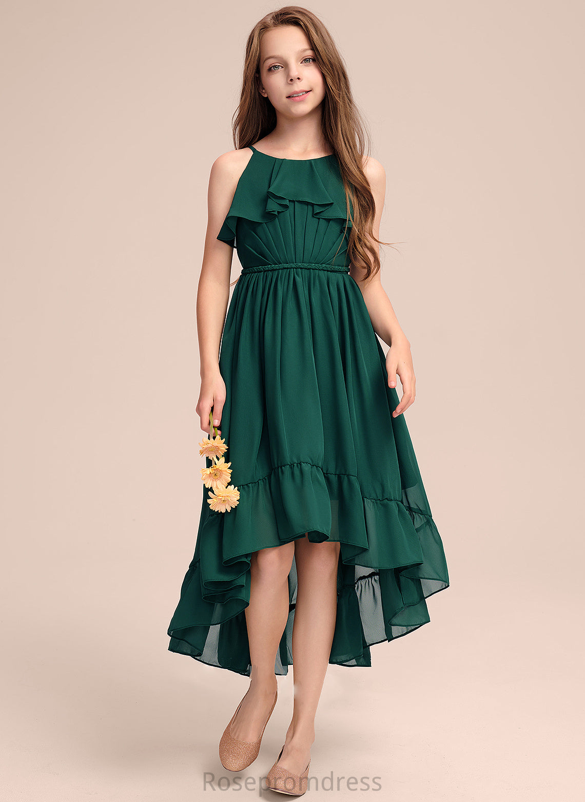 Asymmetrical Ruffles Makayla A-Line Cascading Scoop Neck Junior Bridesmaid Dresses Chiffon With