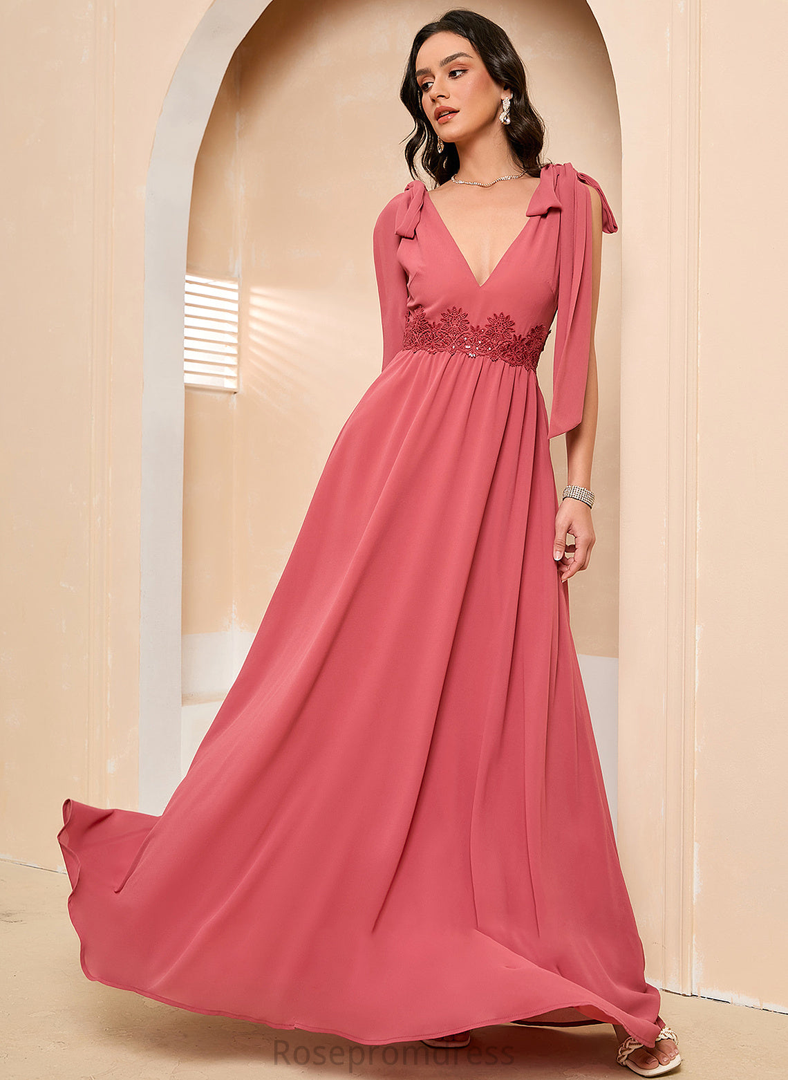 With A-Line Laci V-neck Ankle-Length Bow(s) Prom Dresses