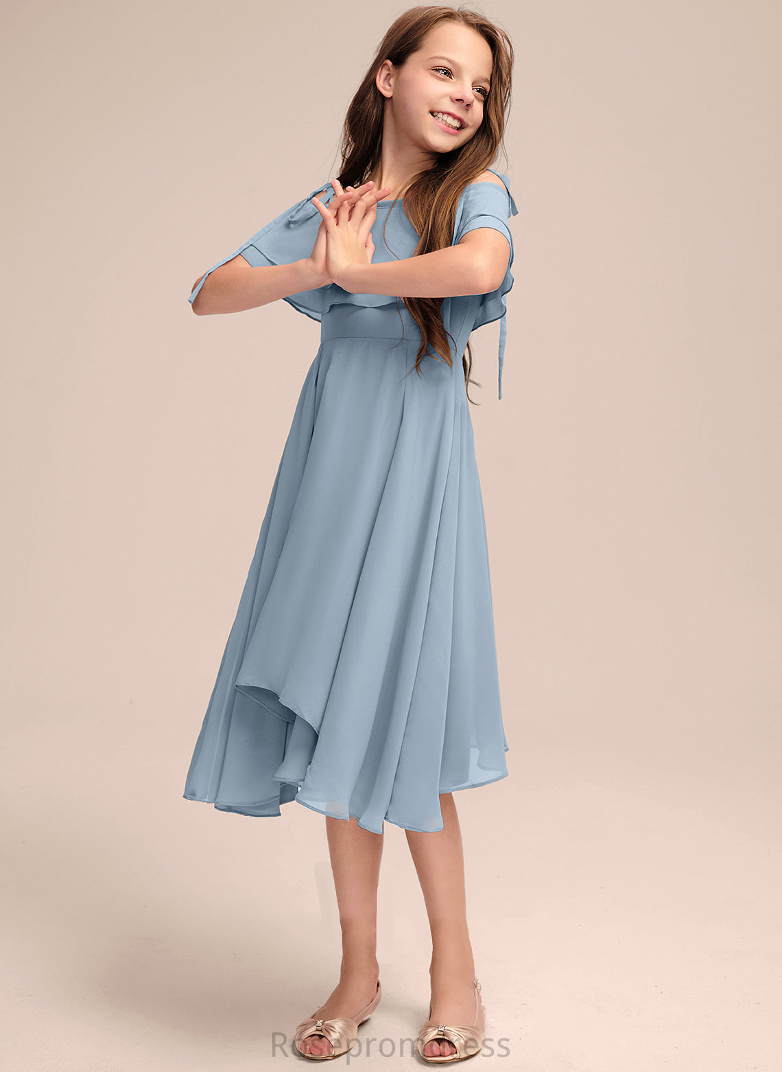 Off-the-Shoulder A-Line Asymmetrical Ruffles Junior Bridesmaid Dresses Chiffon Cascading With Katrina