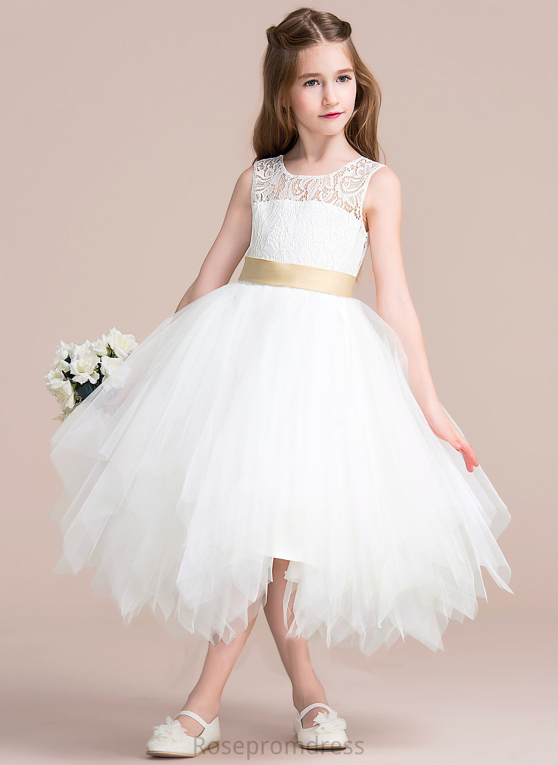 Taliyah sash) With (Detachable A-Line Flower - Flower Girl Dresses Neck Scoop Sleeveless Tea-length Dress Tulle/Lace Girl Hole Sash/Back