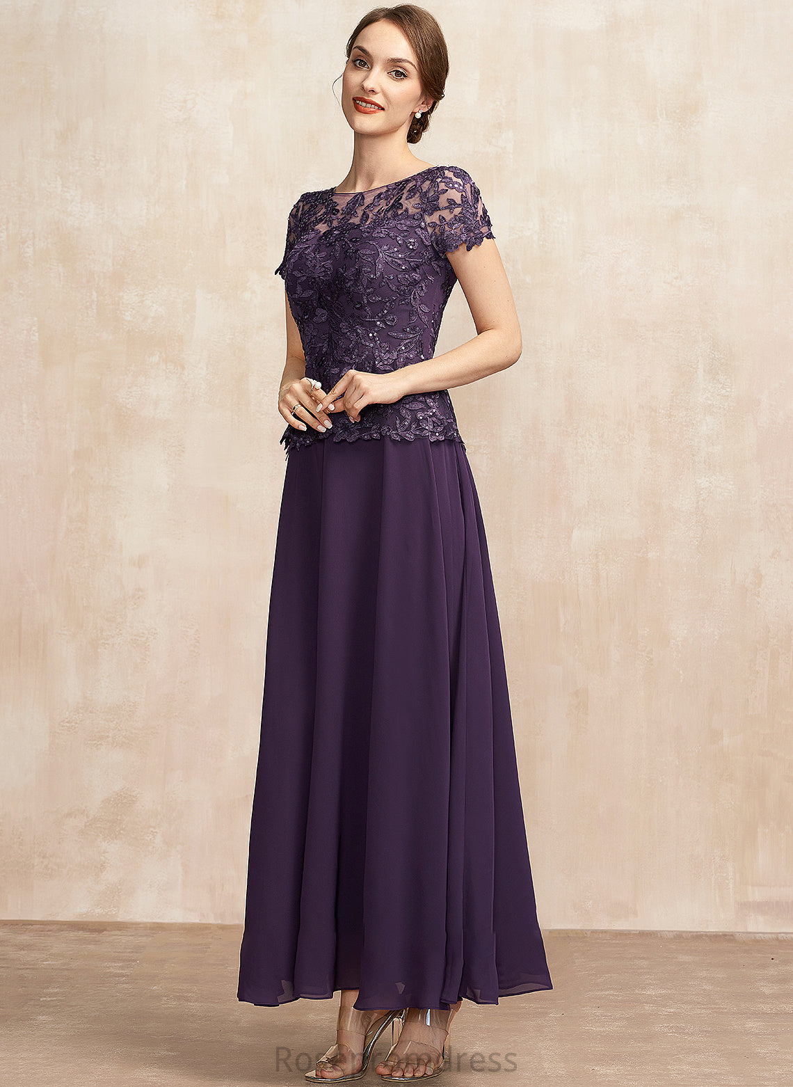 of Ankle-Length A-Line Mother of the Bride Dresses Lace Dress Neck Bride Sabrina the Sequins Mother With Scoop Chiffon