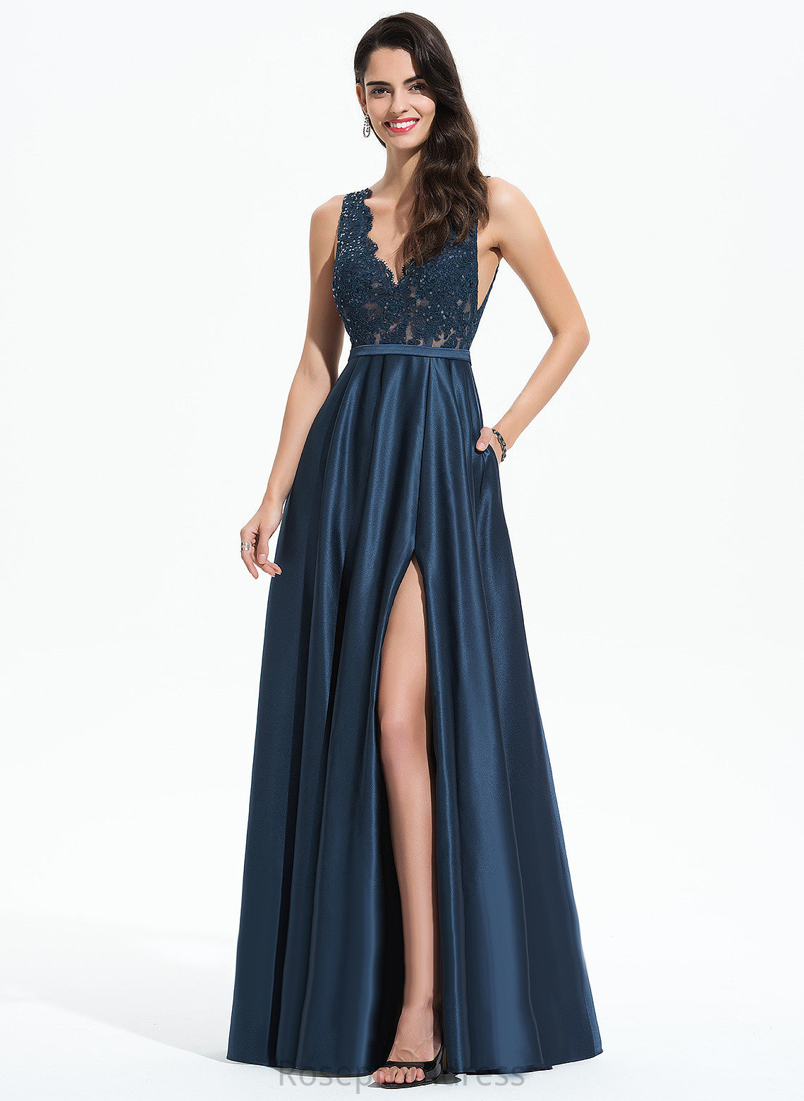 With V-neck Prom Dresses A-Line Sequins Satin Chaya Floor-Length