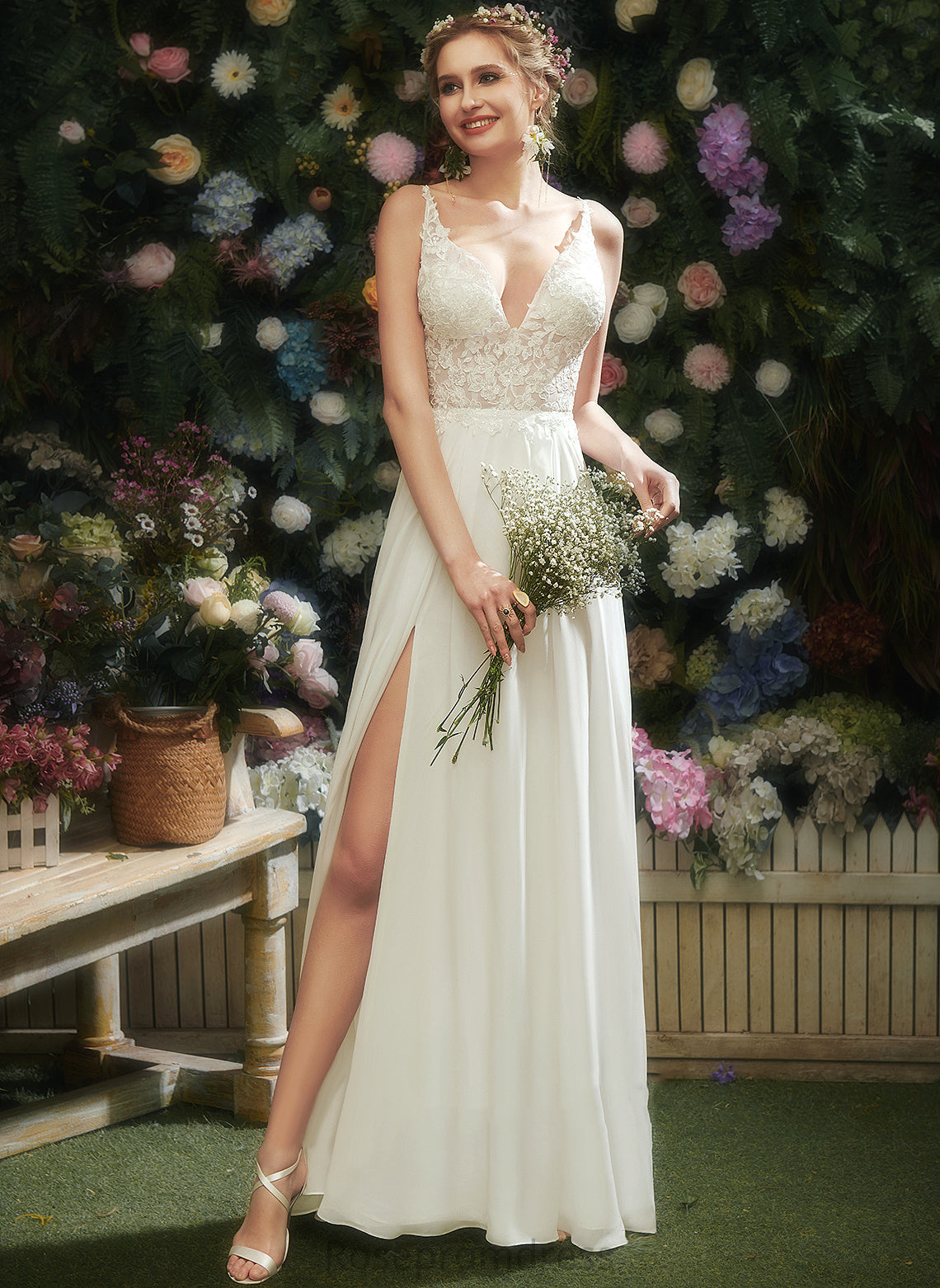 V-neck Front Dress Lace Thelma With A-Line Chiffon Split Floor-Length Lace Wedding Dresses Wedding