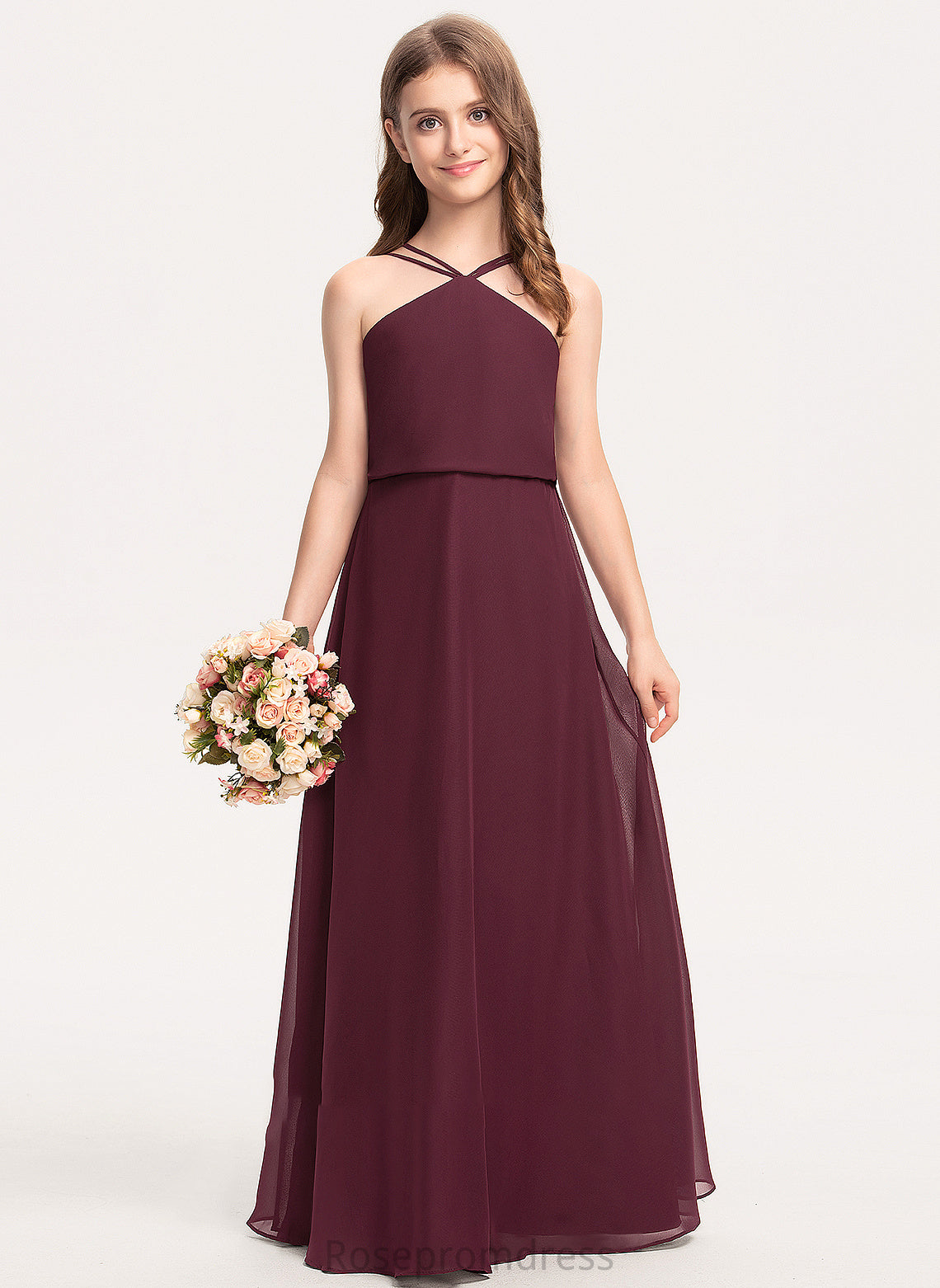 V-neck Floor-Length Elle Junior Bridesmaid Dresses Chiffon A-Line