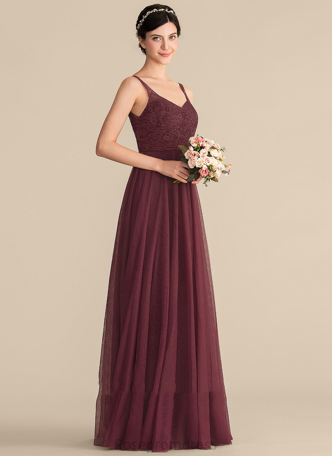 Tulle Straps Neckline Floor-Length Fabric V-neck Lace A-Line Length Silhouette Natasha Scoop Bridesmaid Dresses