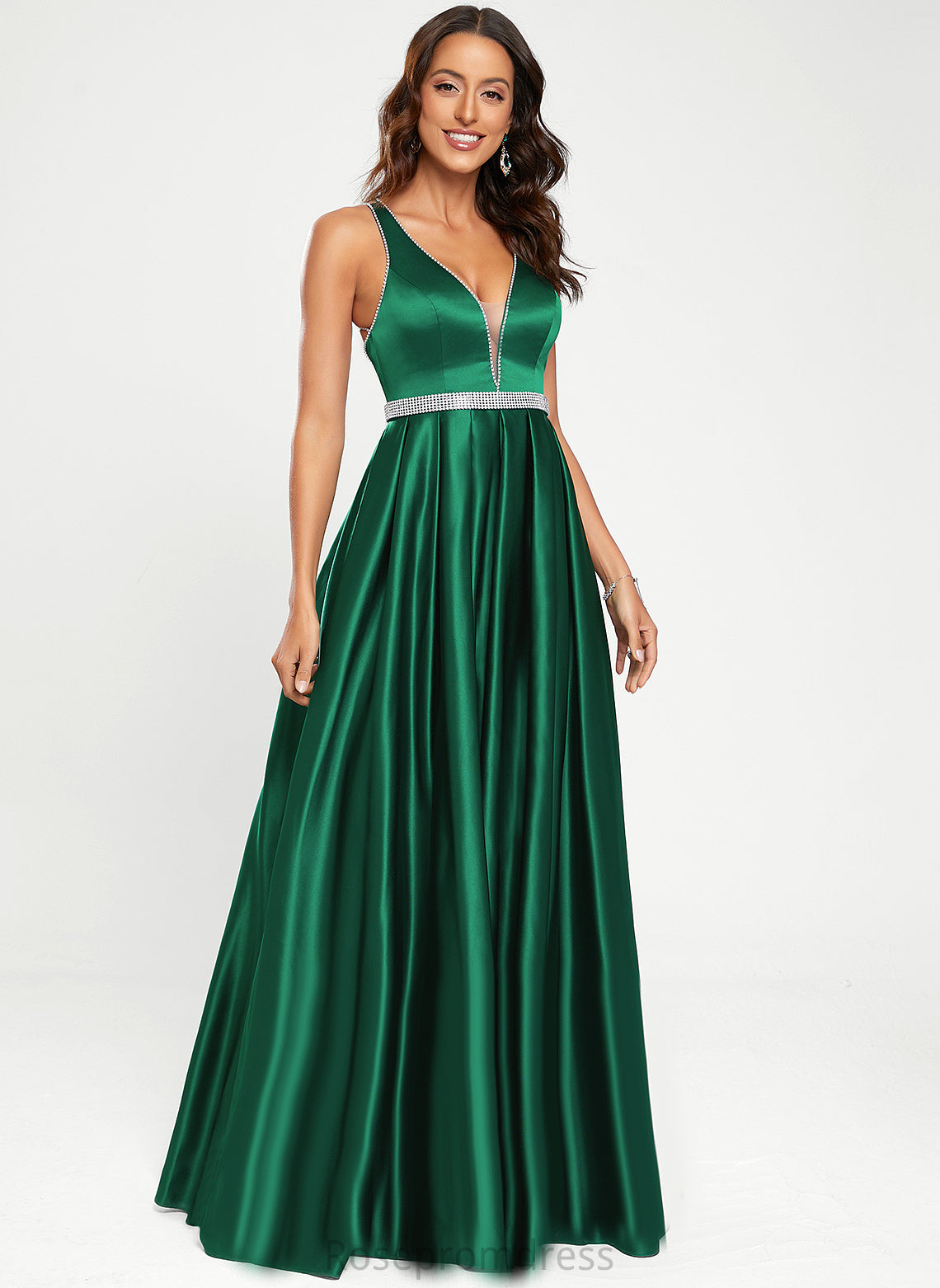 A-Line Gabrielle Prom Dresses V-neck With Beading Floor-Length Satin