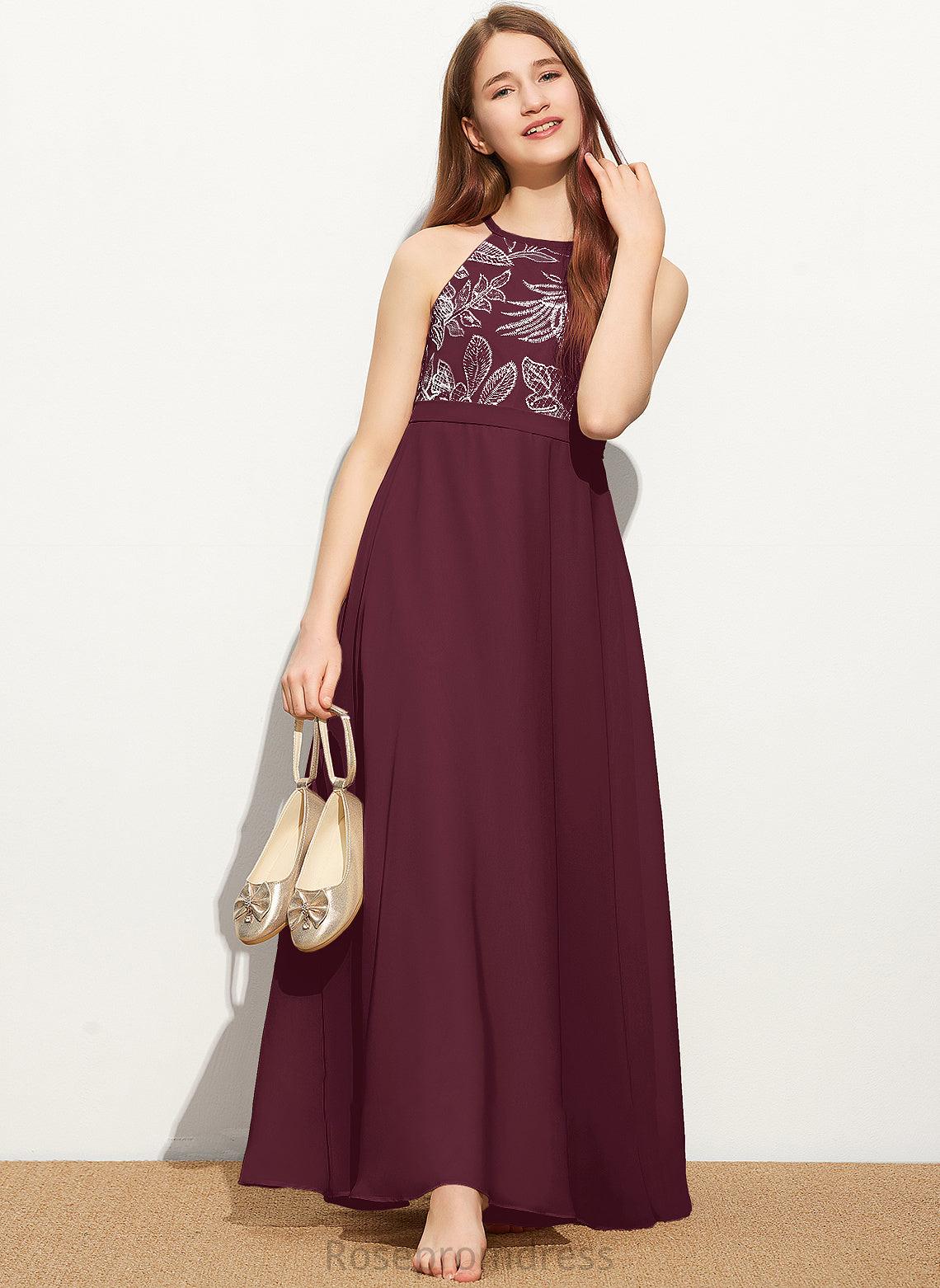 Floor-Length Neck Scoop Chiffon With A-Line Bow(s) Junior Bridesmaid Dresses Lace Laney