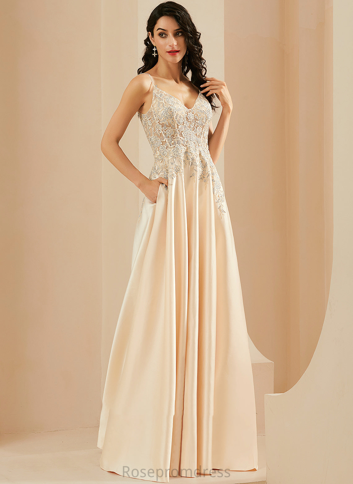 Floor-Length Lily V-neck Satin Lace Prom Dresses With A-Line