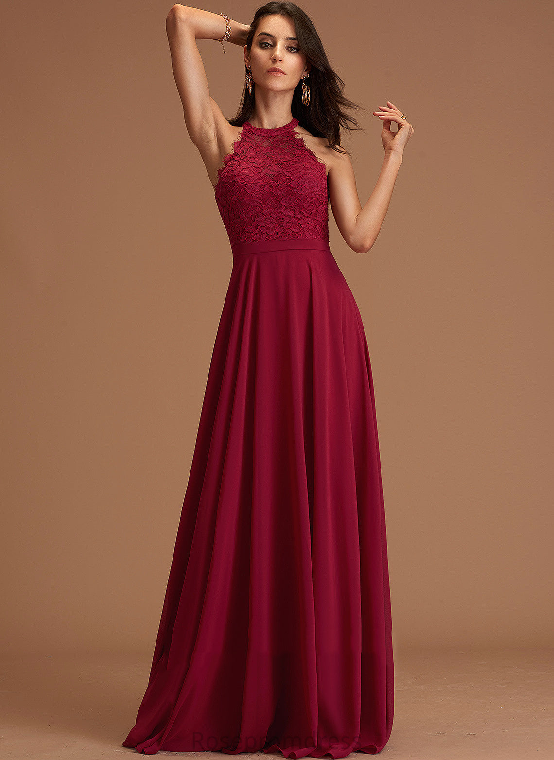 Floor-Length A-Line Lace Scoop Chiffon Crystal Prom Dresses