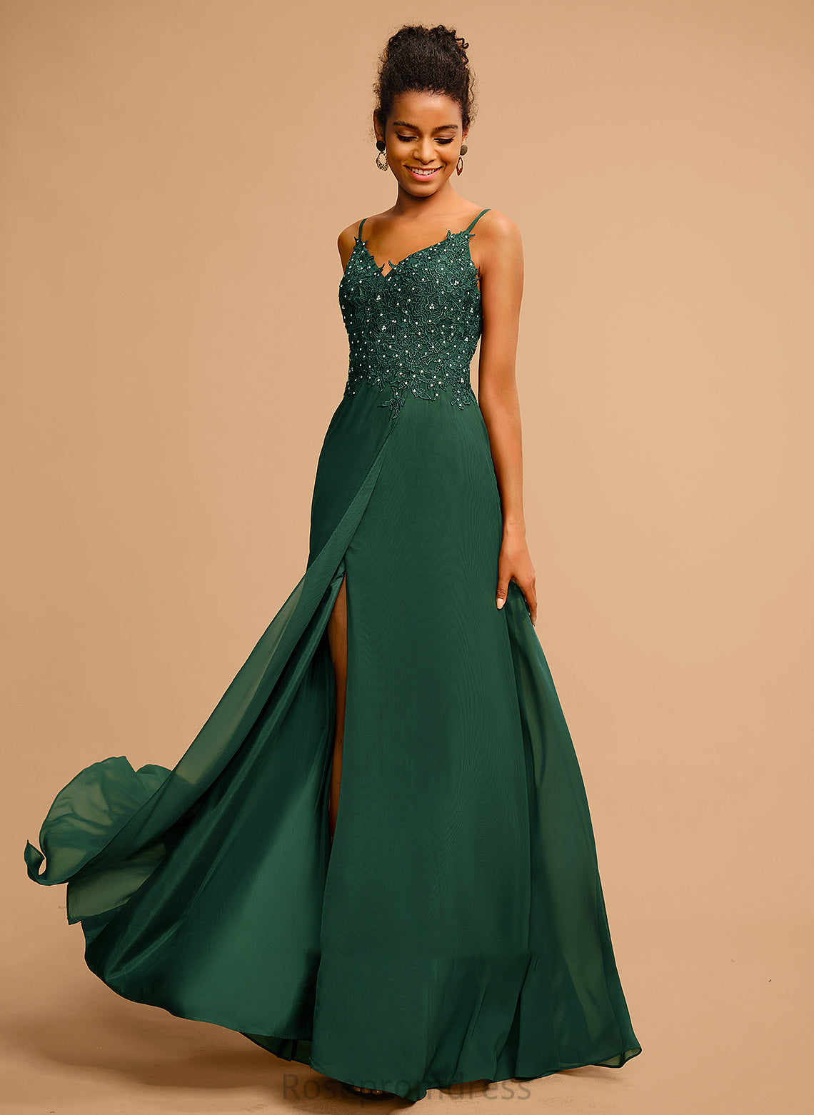 Floor-Length Prom Dresses V-neck Lace With Beading A-Line Aniyah Sequins Chiffon