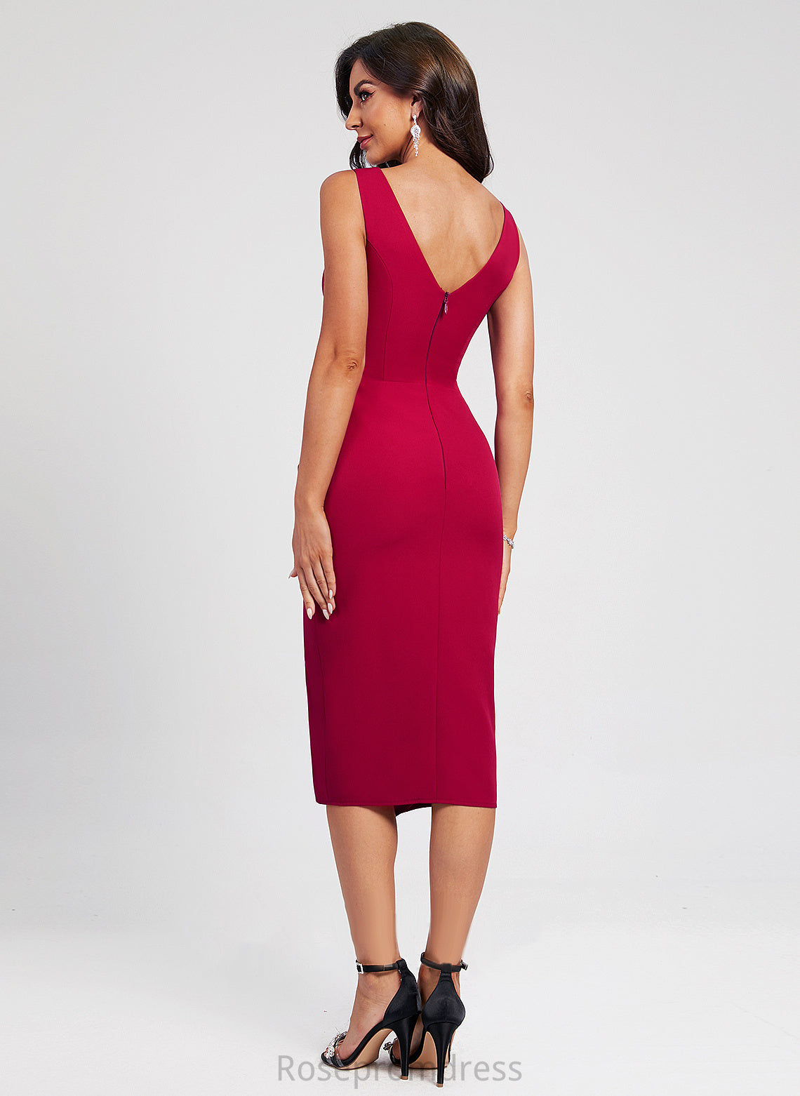 Split Sheath/Column Crepe Patricia Dress Stretch Homecoming Front V-neck Ruffle Knee-Length With Homecoming Dresses